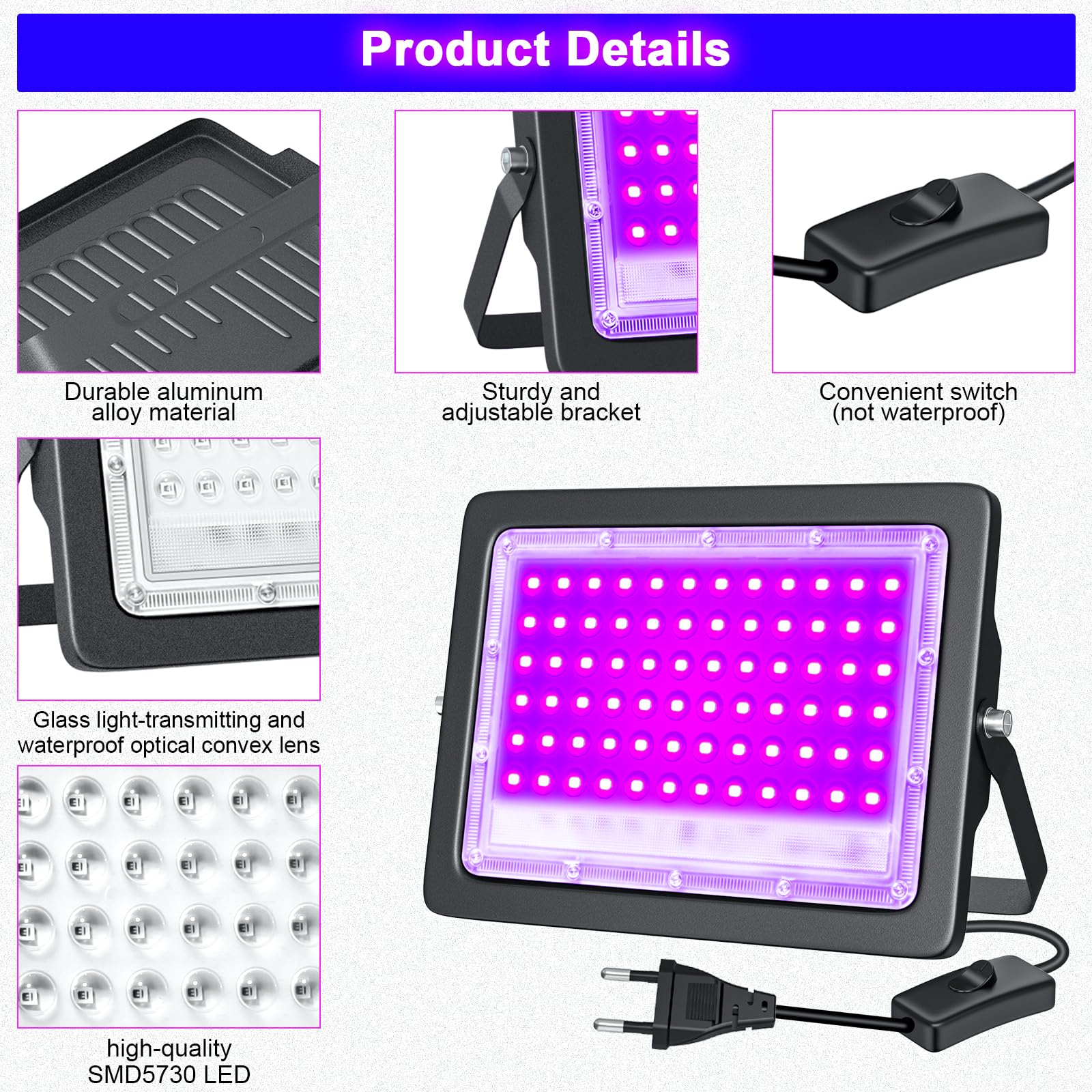 LED Luz Negra UV,2Pcs 100W Foco UV Ultravioleta 385-400nm,IP66,Resistentes al Agua,con Enchufe e Interruptor,para Decoración de Halloween,Fiestas,Iluminación de Escenario y Navidad