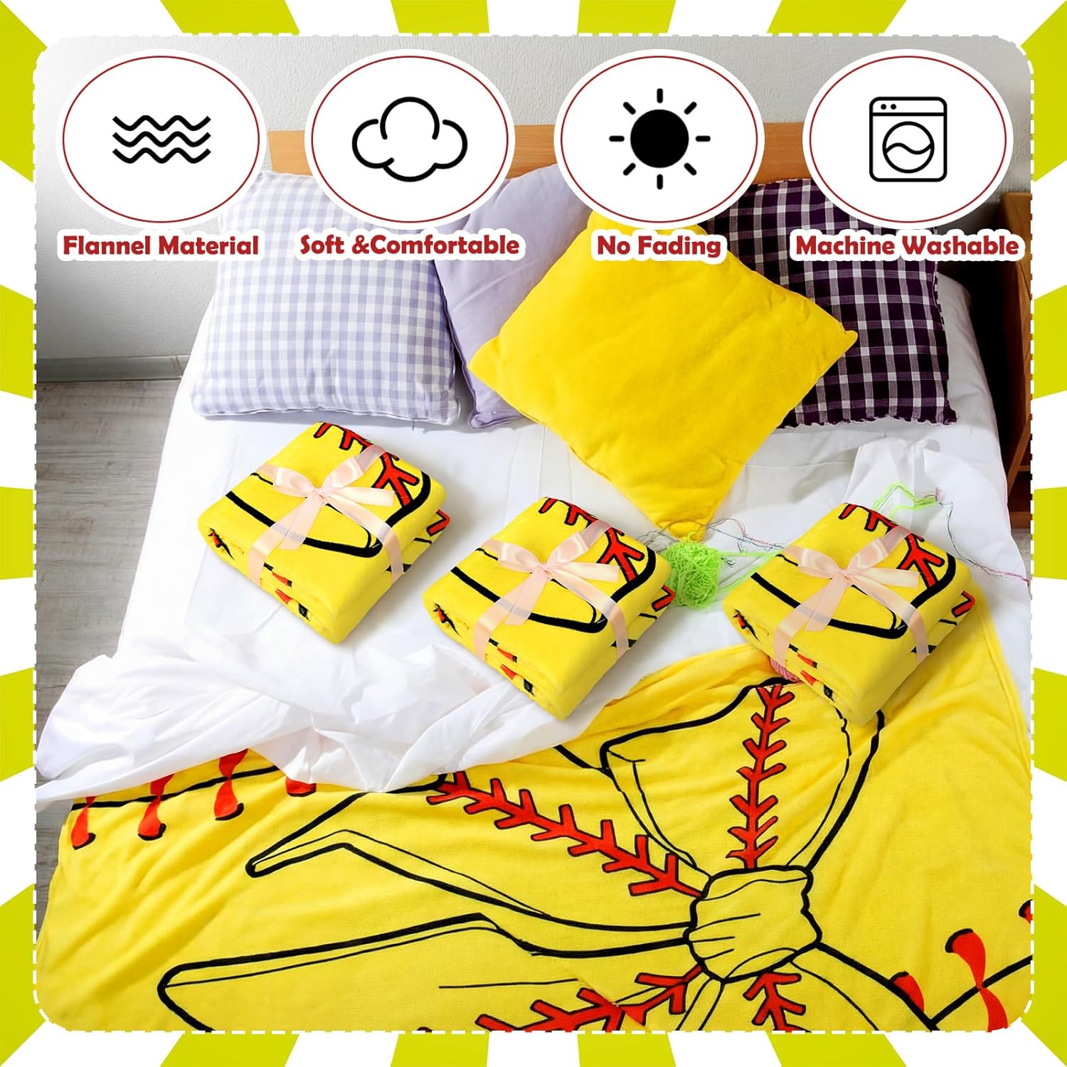 4 Pcs Softball Bow Blanket 50 x 60 Coquettish Softball Sports Throw Blanket Bow Stuff Team Gifts for Ball Lovers Players Home Decor Halloween Christmas Thanksgiving Gift
