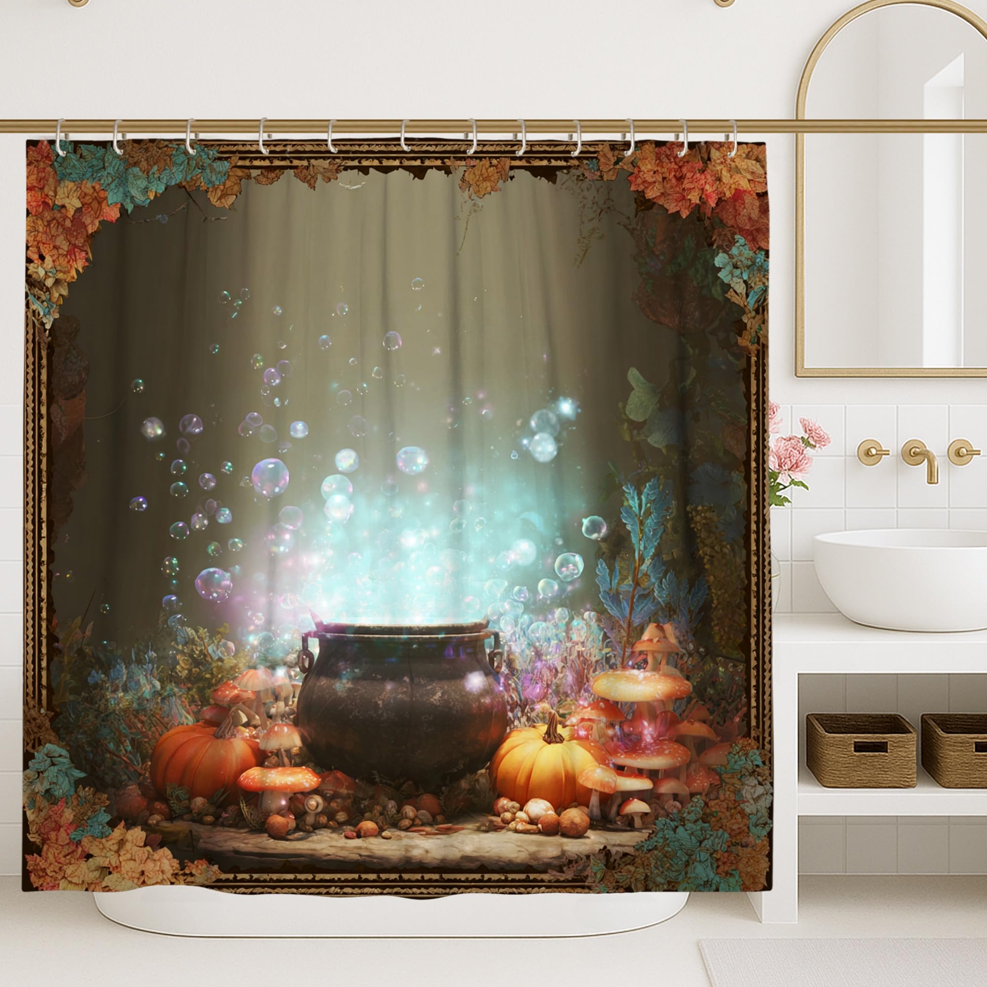 Magical Cauldron Shower Curtain, Autumn Pumpkin and Bubbles Bathroom Decor, Halloween Mystical Theme Waterproof Fabric Shower Curtain with Hooks 72x72 Inch