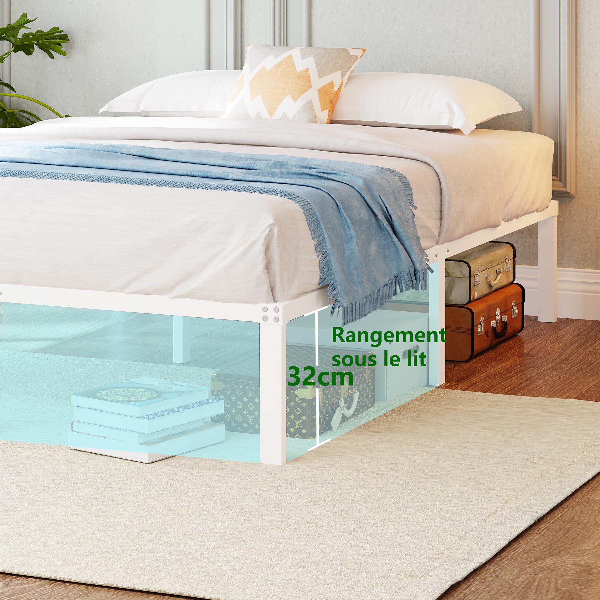 Cama con plataforma de metal, marco de cama de 140 x 200 cm, cama de metal con somier de láminas de metal, moderna cama de metal para adultos, niños, adolescentes, fácil montaje, cama doble