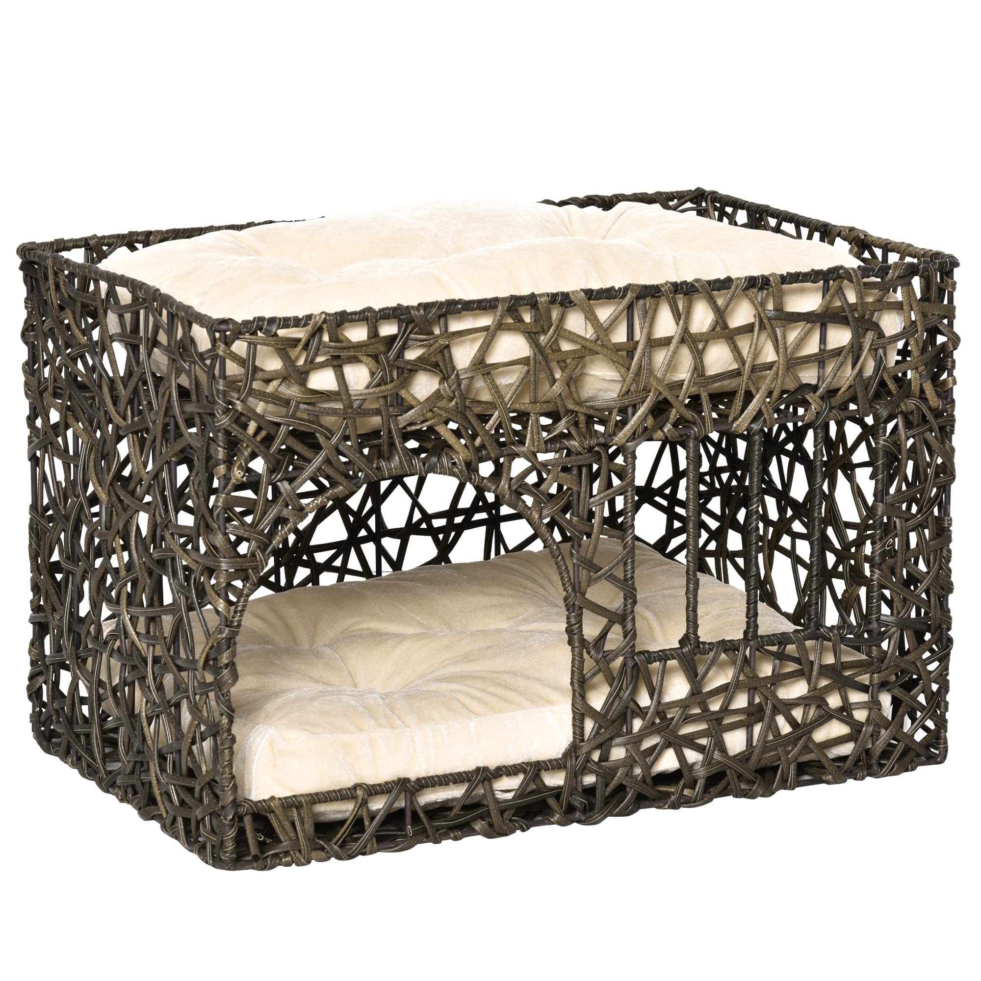 PawHut Cesta de Ratán para Gatos con 2 Cojines 56x41x45 cm Café Oscuro | Suaves, Ventana de 2 Alturas, Cama Cueva de Gatos