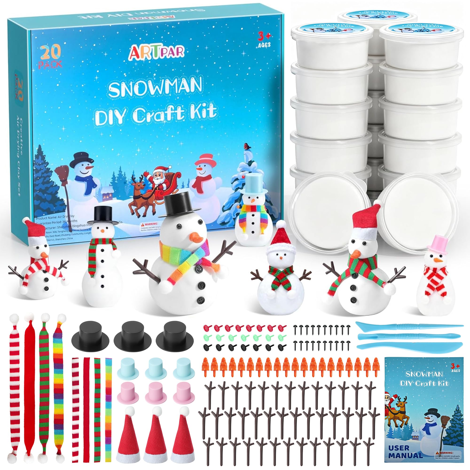 ARTPAR 20 Pk Clay Snowman Kit,Christmas Stocking Stuffers Craft for Kids | Soft & Non-Sti…