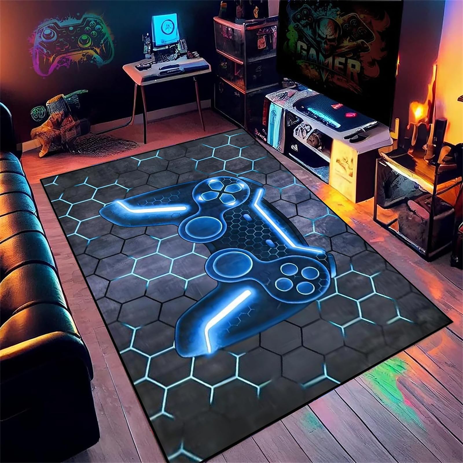 AOESELN Game Style Area Rug,180x230cm,Blue Gamepad Rugs,Kids Bedroom Carpet,Cool Rugs for Bedroom,Soft,Foldable,Machine Washable Non-Slip Mat,for Living Room Playroom,Boys Room