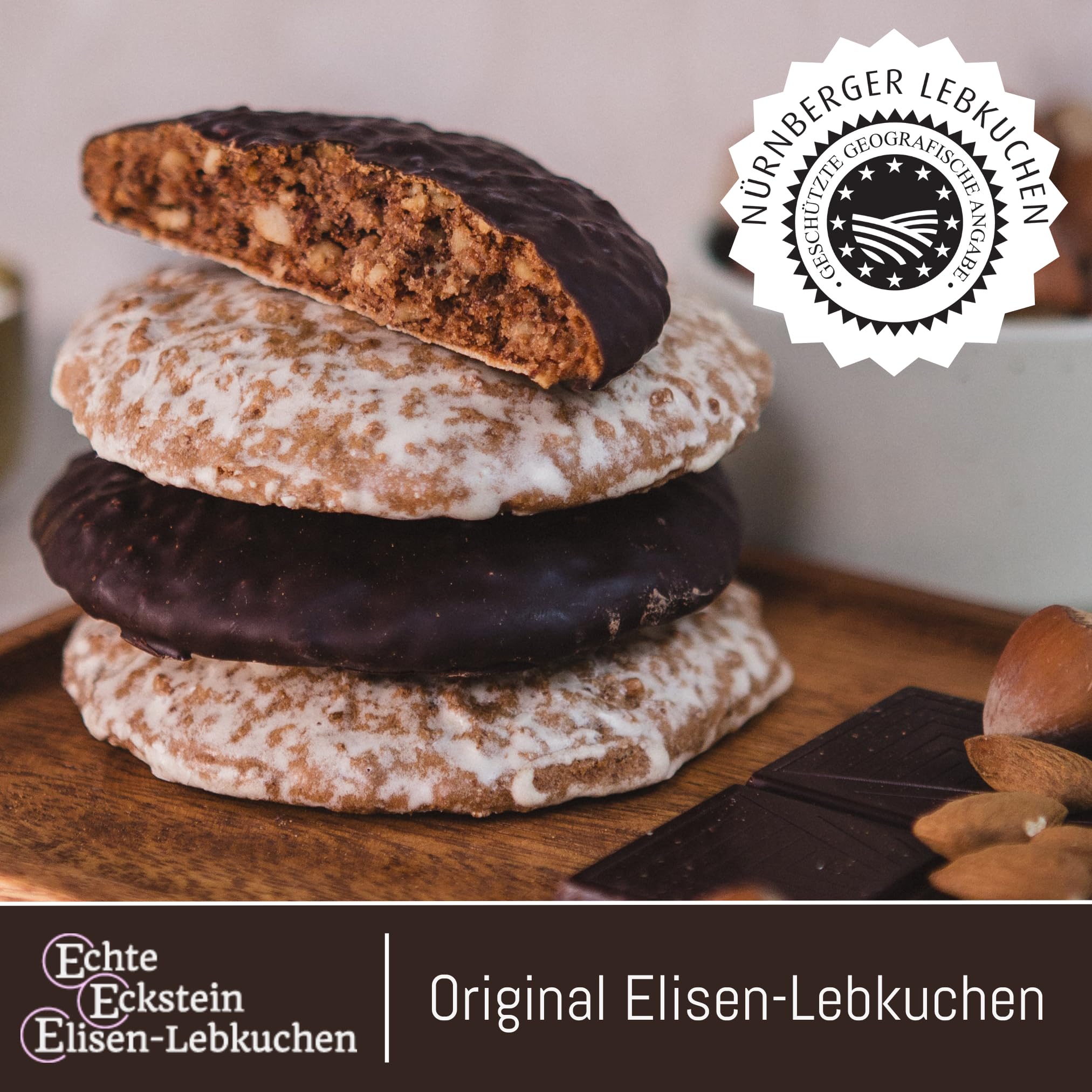 Lebkuchen Eckstein - 20 Stück gemischt - 1500g - Nürnberger Elisenlebkuchen | Echte Nürnberger Elisen-Lebkuchen · 20 Stück gemischt · 1500g · einzeln verpackt · für Familie & als Geschenk