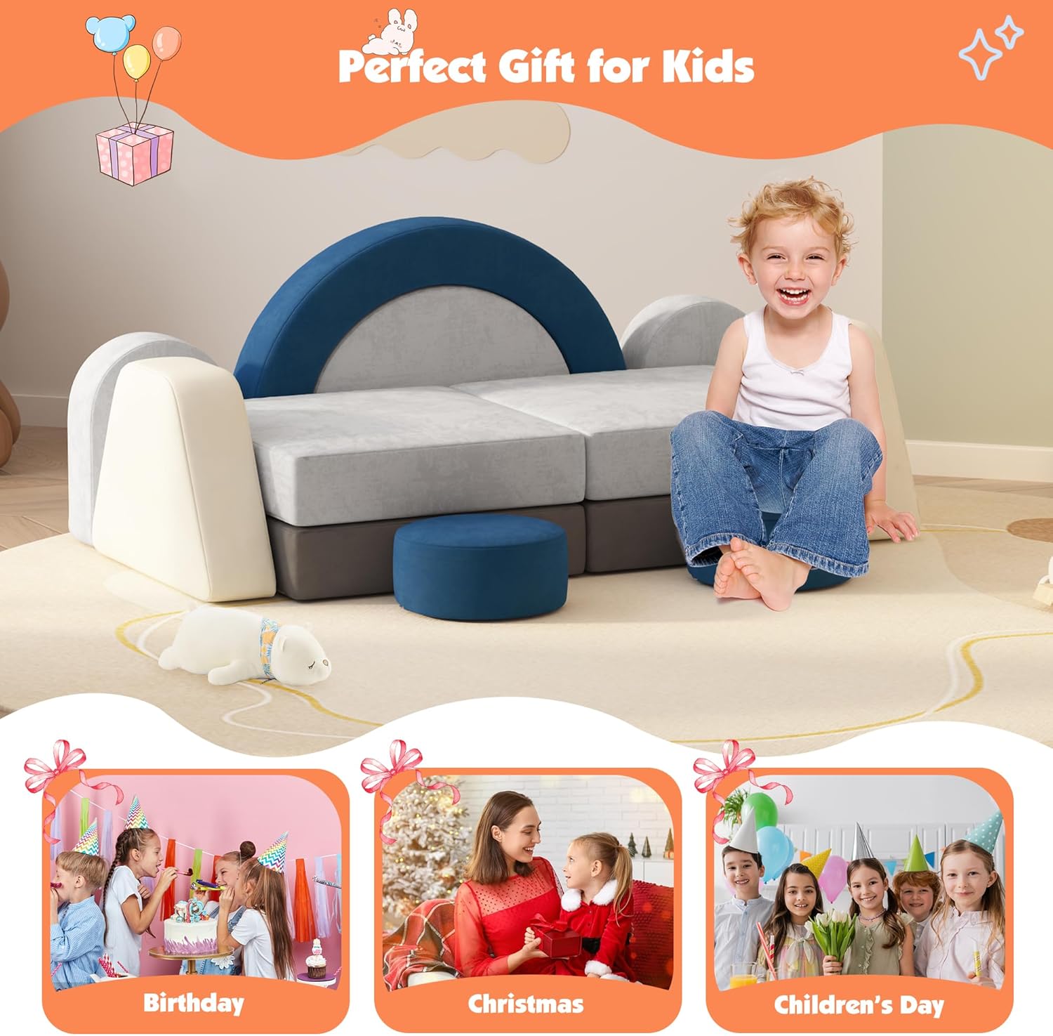 12 PCS Modular Kids Play Block Couch Child Sectional Soft Sofa Toddler Building Fortplay Climbing Bedroom Playroom Baby Convertible Floor Foam Cushion for Boys & Girls (Blue+Grey+Beige)