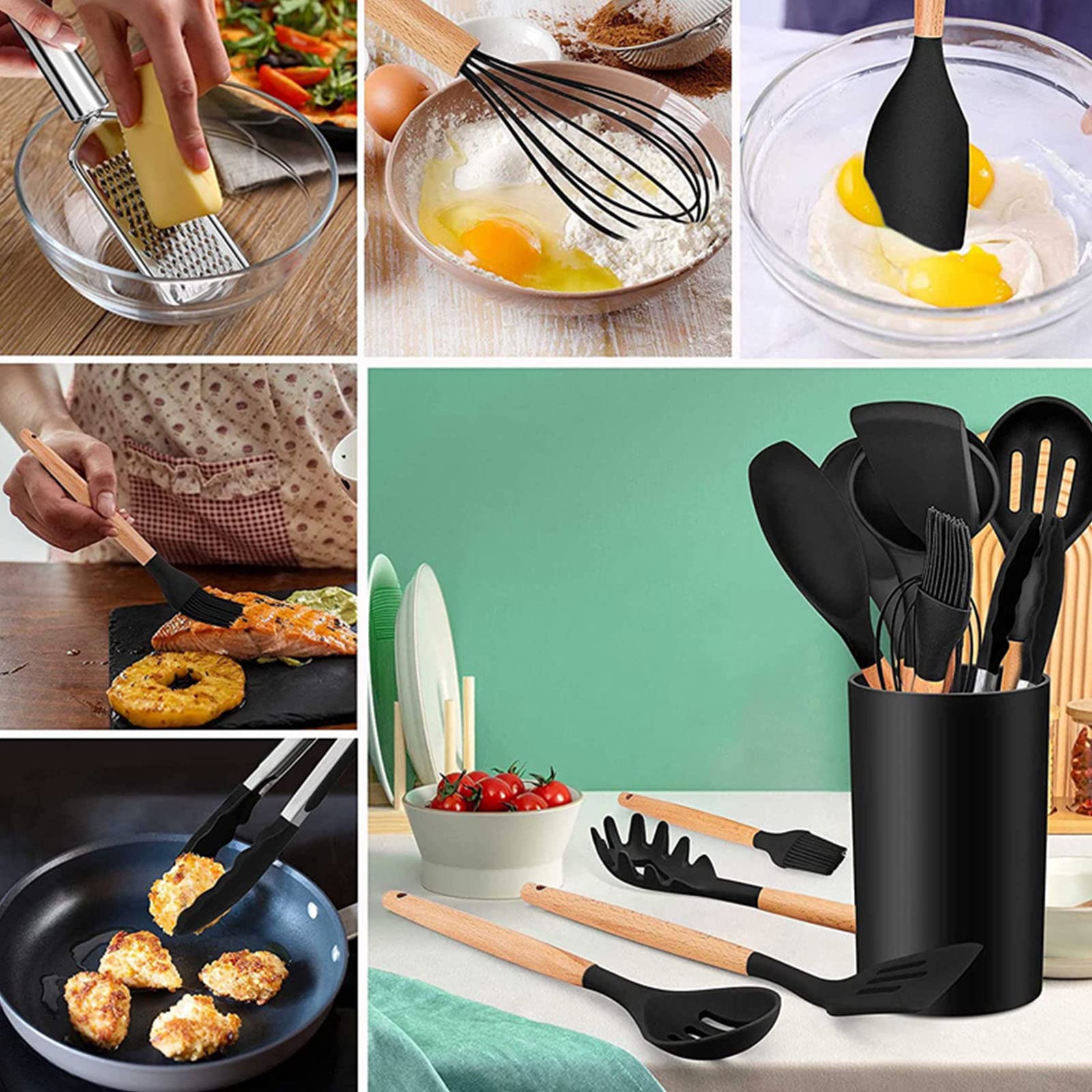 Set di utensili da cucina, 12 pezzi, in silicone, con manico in legno, spatole termiche per utensili antiaderenti