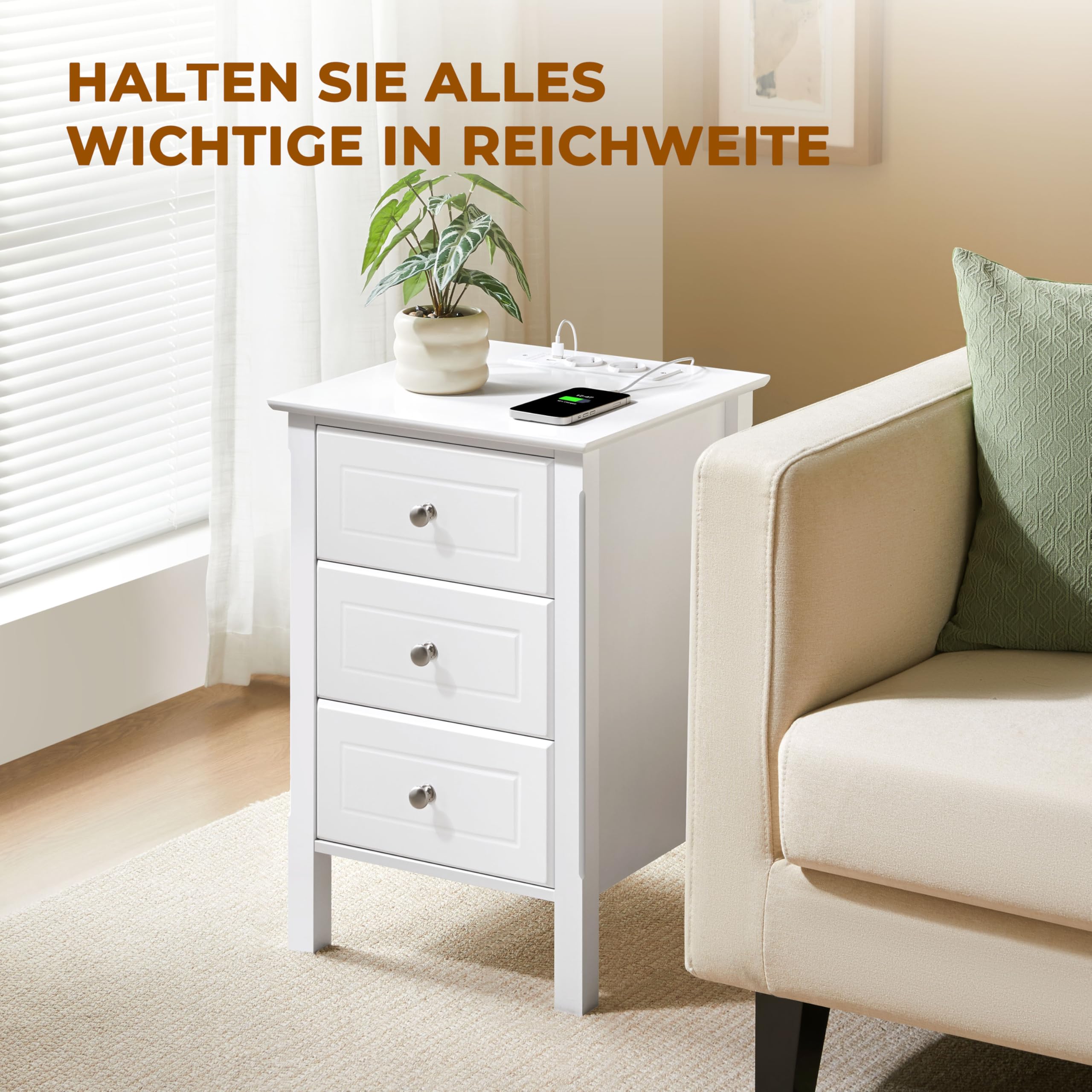 Yaheetech Nachttisch Beistelltisch mit Steckdose 2 Anschlüsse und 3 Schubladen Boxspringbett Nachtschrank Sofatisch Ablagetisch für Wohnzimmer/Schlafzimmer, Weiß