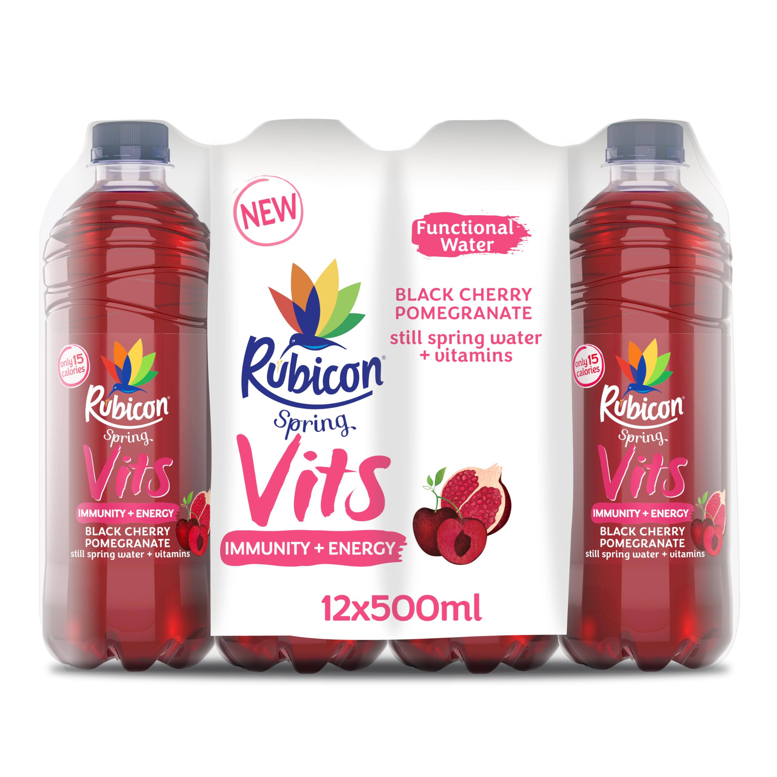 Rubicon Spring Vits Black Cherry Pomegranate Still Vitamin Water - 15 Calories per bottle for healthy hydration - Drinks Multipack 12 x 500ml Bottles