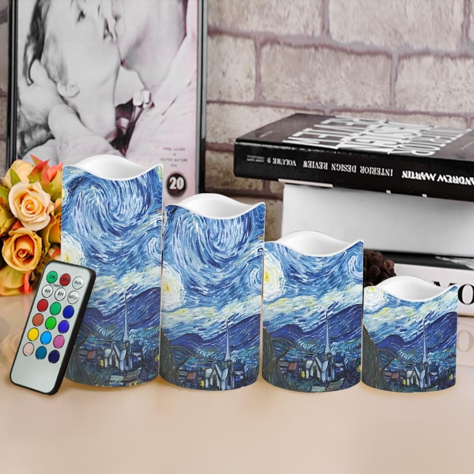 Van Gogh Gwiaździste bezpłomieniowe świece z timerem lampka nocna poręczne świece akumulatorowe migoczące LED trwałe bezpłomieniowe świece oświetlenie otoczenia 4 opakowania