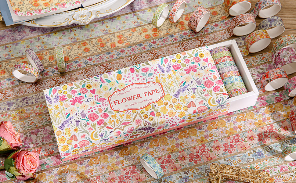 Image of PAGEMORE 32 Rolls Washi Tape Set, Colored Floral Decorative Masking Tape, Artists Tapes for Junk Journal, Journaling, DIY Craft Projects, Scrapbooking Supplies Decor