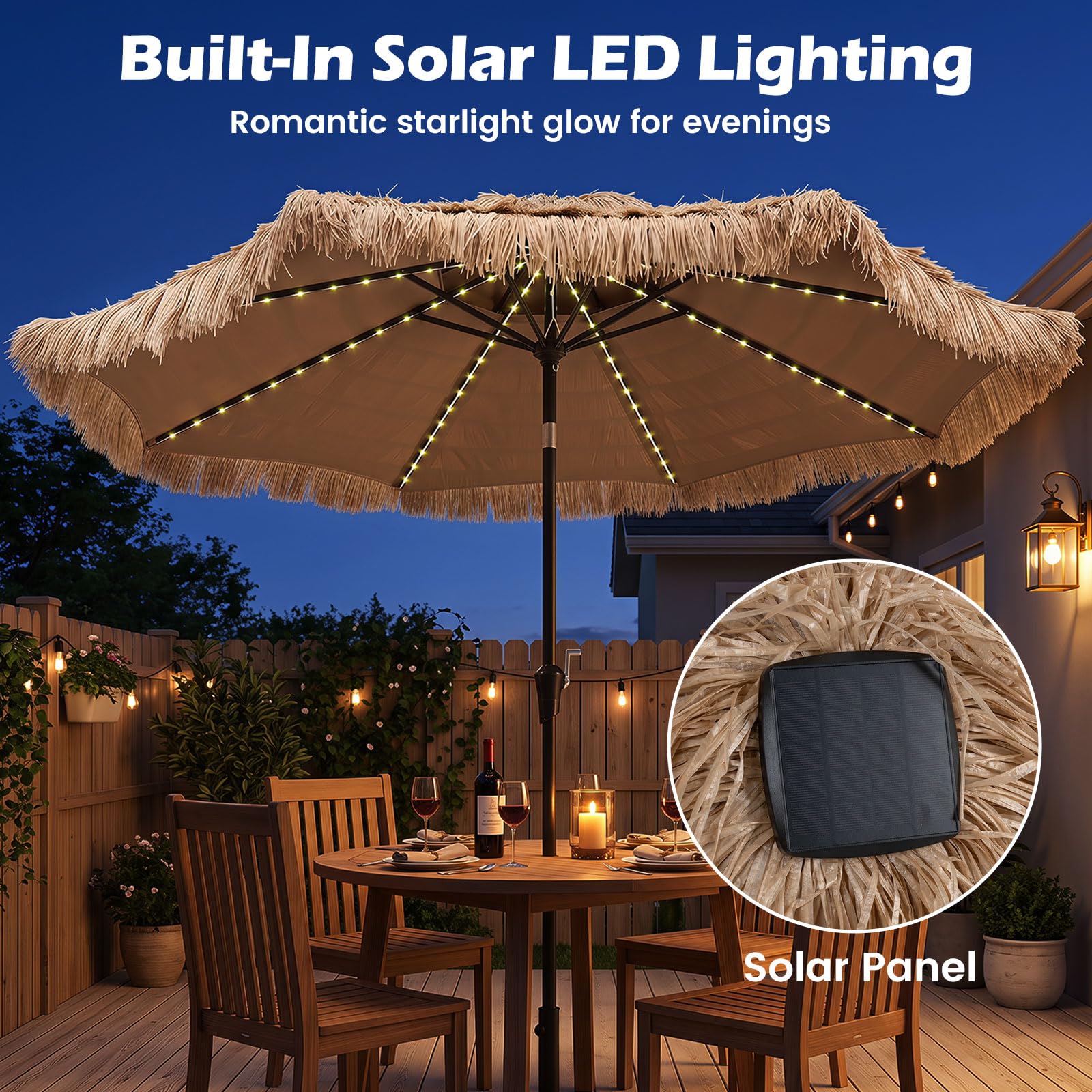 COSTWAY Sonnenschirm Hawaii mit LED-Beleuchtung, 300 cm Strohschirm kippbar | Gartenschirm mit 12 Beleuchtungsmodi & Kurbel, Strandschirm Stroh, Terrassenschirm für Garten, Balkon, Terrasse