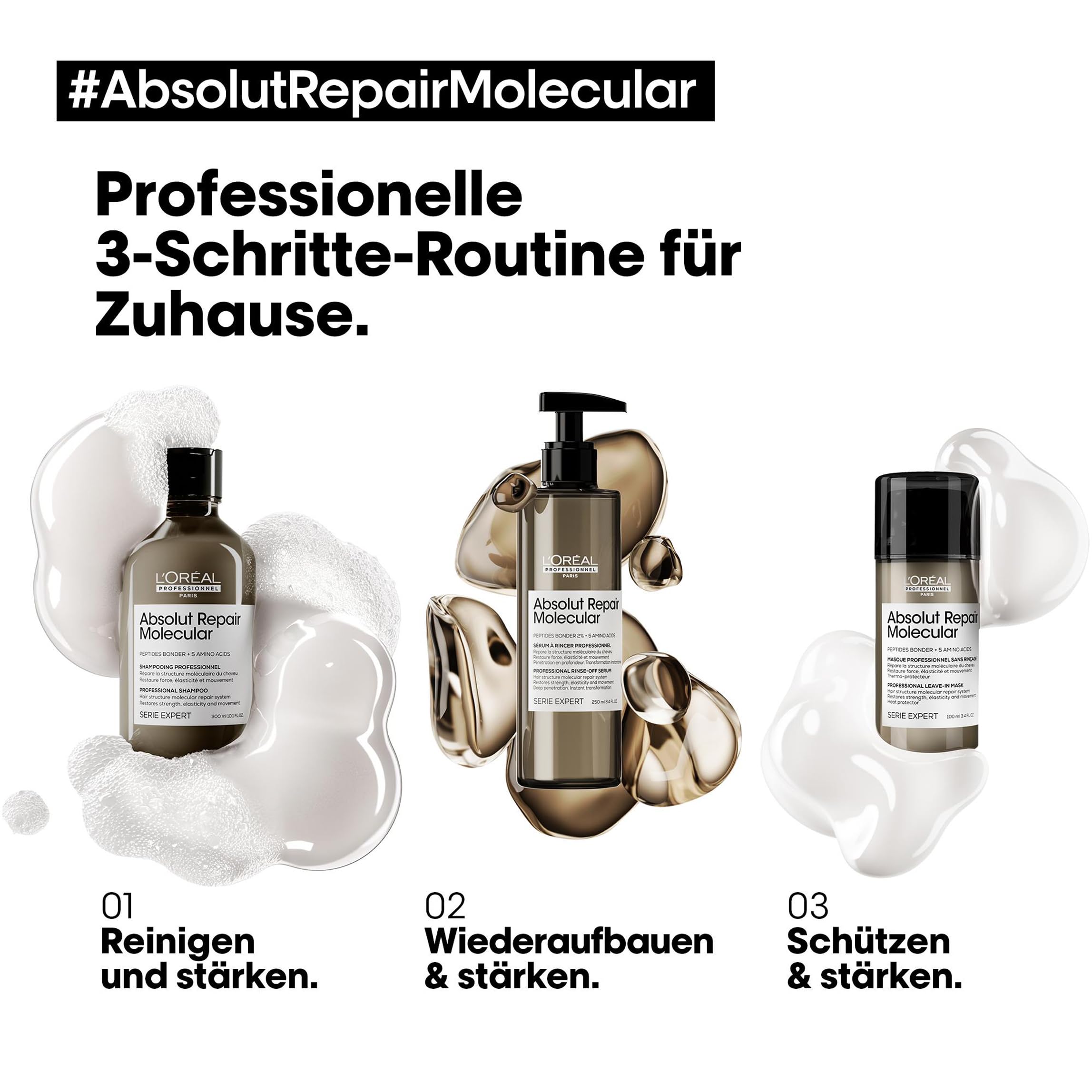 L'Oréal Professionnel Treatment-Set für strukturgeschädigtes Haar, Zur molekularen Tiefenreparatur, Mit Peptidbondern und Aminosäuren, Serie Expert, Absolut Repair Molecular Rinse-Off Serum & Leave-in