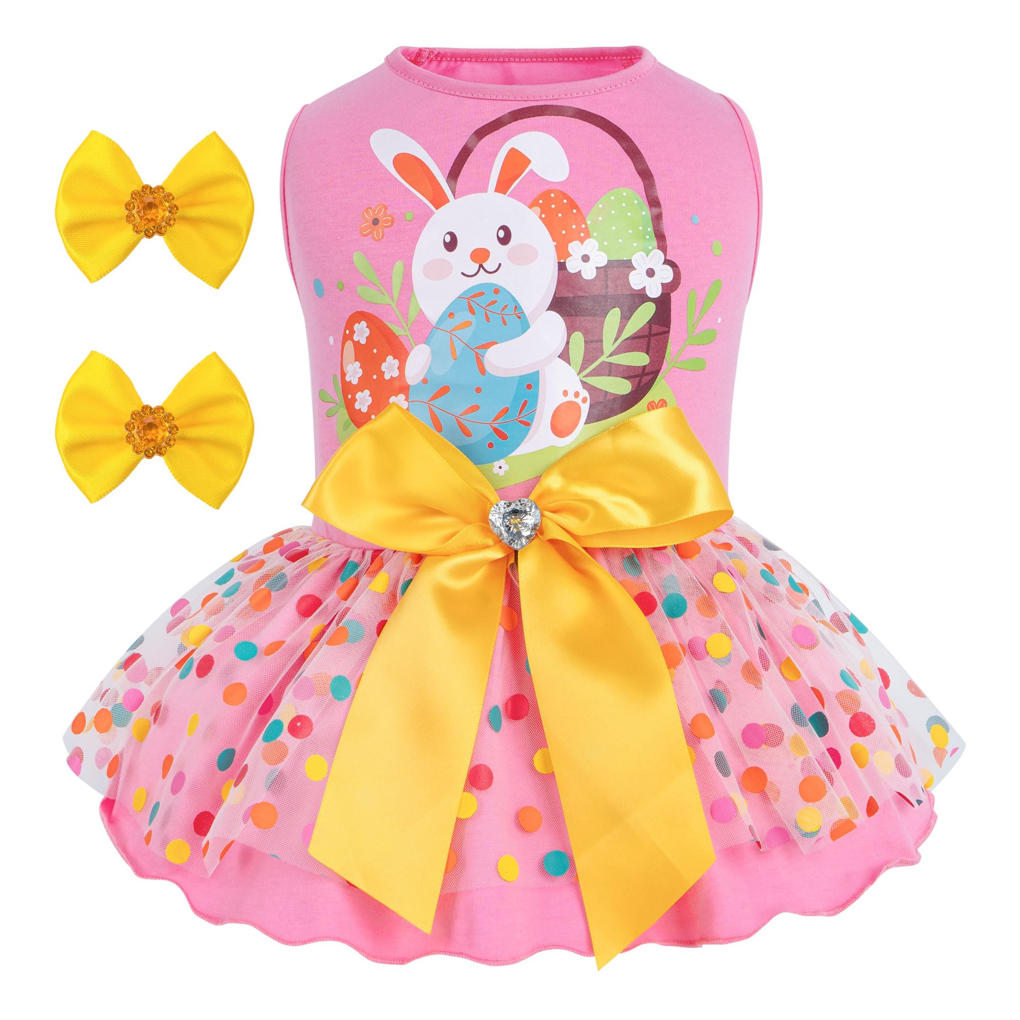 cyeollo Easter Day Dog Dress Girl Puppy Skirt Holiday Dog Clothes Outfit Bunny Egg Print Tulle Doggie Dresses for Small Dogs Cats Pet Apparel, Pink M