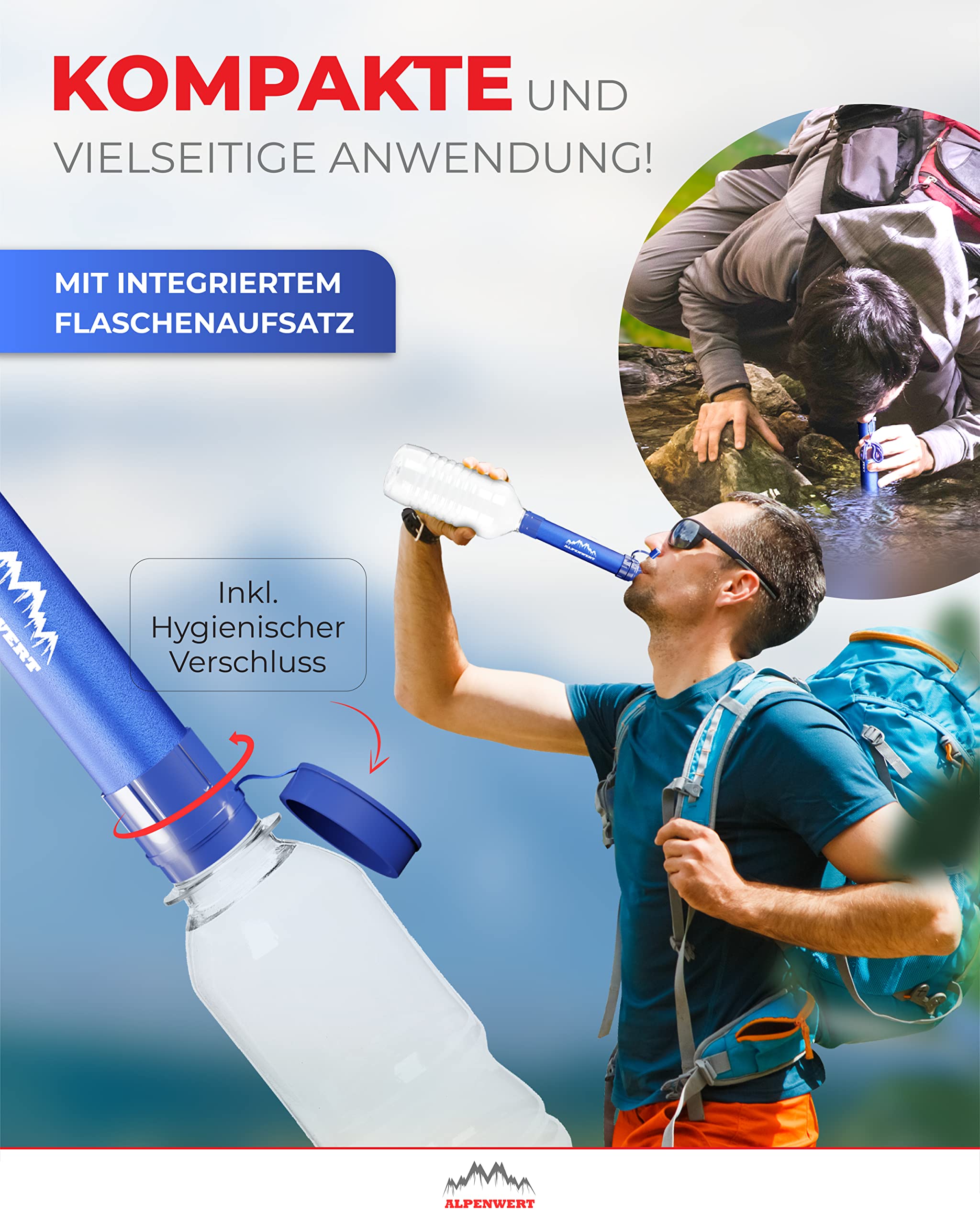 ALPENWERT Wasserfilter Outdoor Doppelpack - Trinkwasserfilter für 4000 Liter gefiltertes Wasser - Trinkwasseraufbereitung die 99,99% aller Keime und Bakterien abtötet