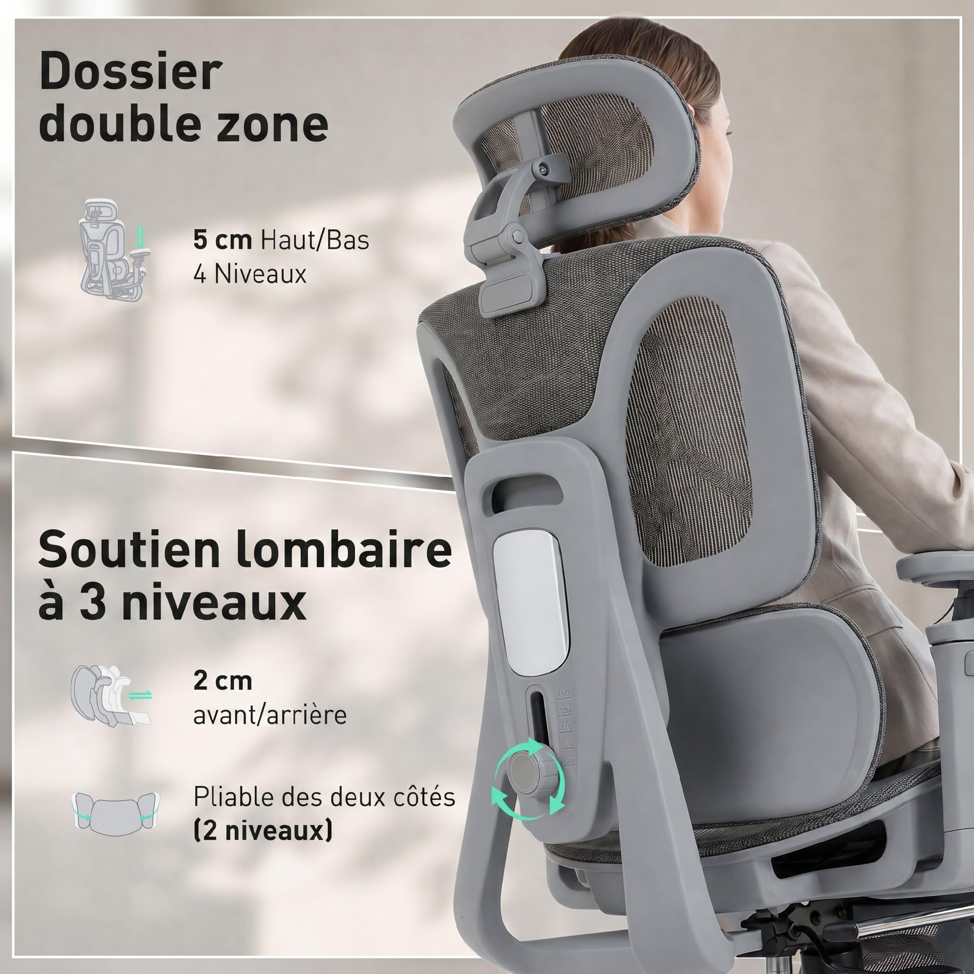 HOMCOM Ergonomiczny fotel biurowy siatkowy odchyl. podłokietniki 6D Szary