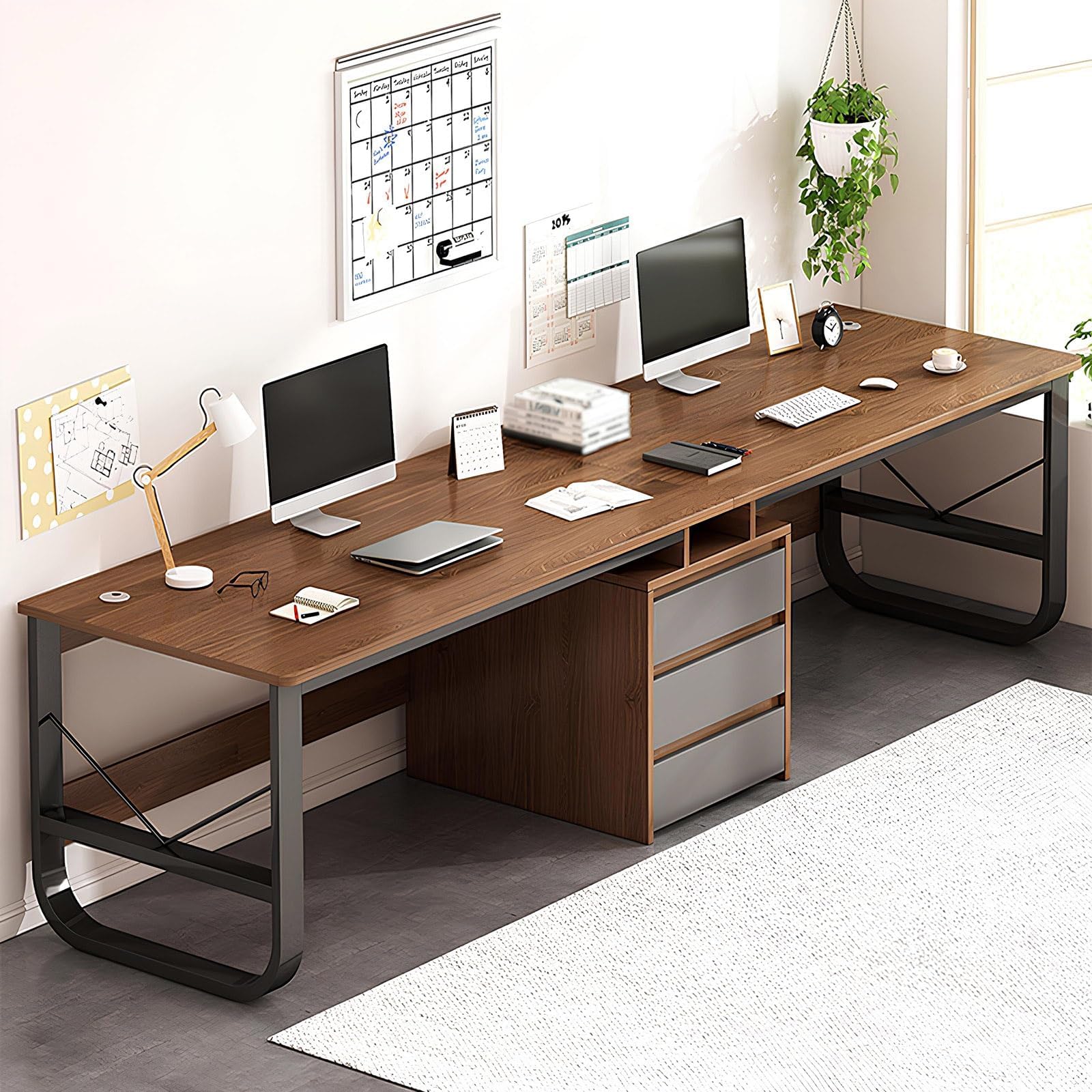 Large Walnut Two Person Gaming Computer Desk with Drawers for Home Office Extra Long Double Writing Study Table (94.5 * 19.7 * 28.7in)
