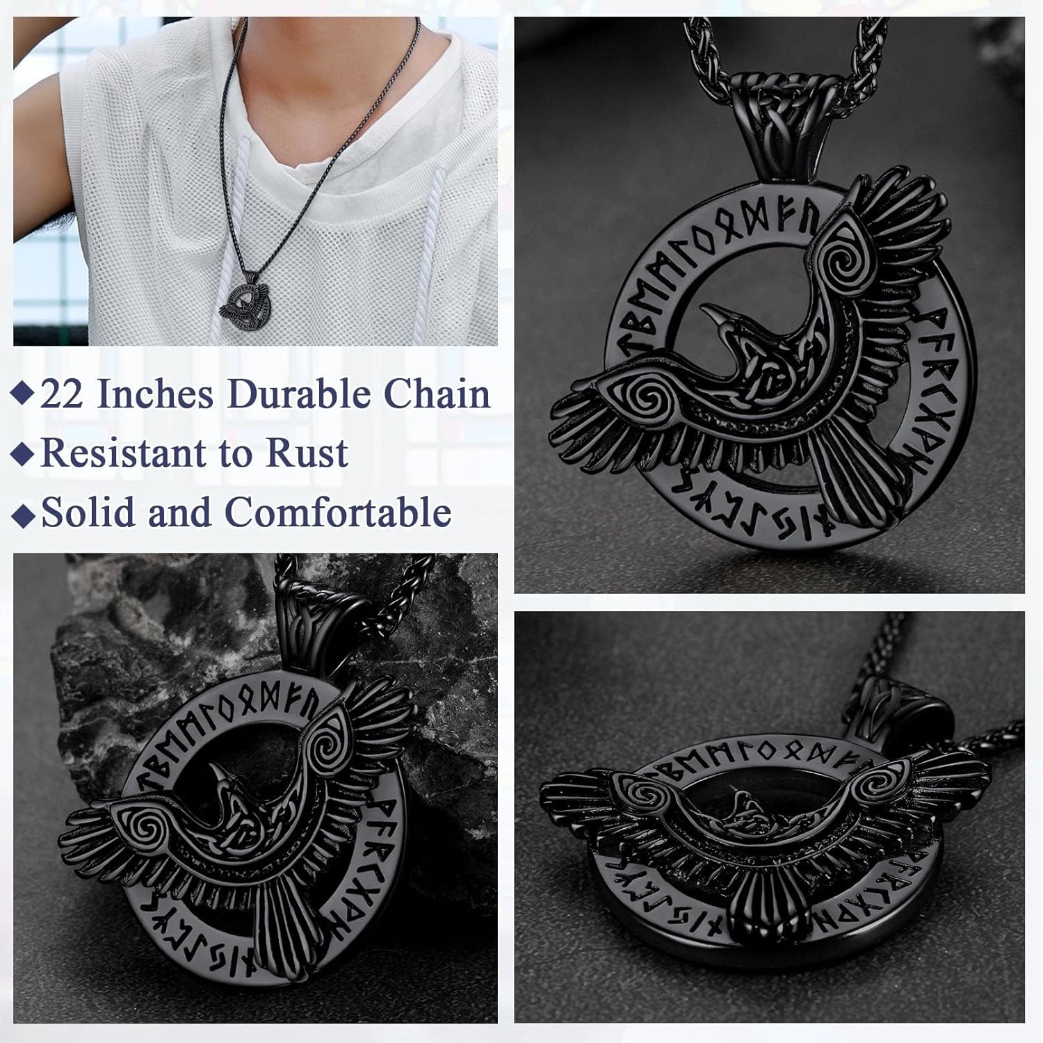 FaithHeart Viking Raven Necklace for Men, Norse Mythology Raven Skull Pendant Sturdy Stainless Steel Amulet Jewelry Gift for Men - Image 5