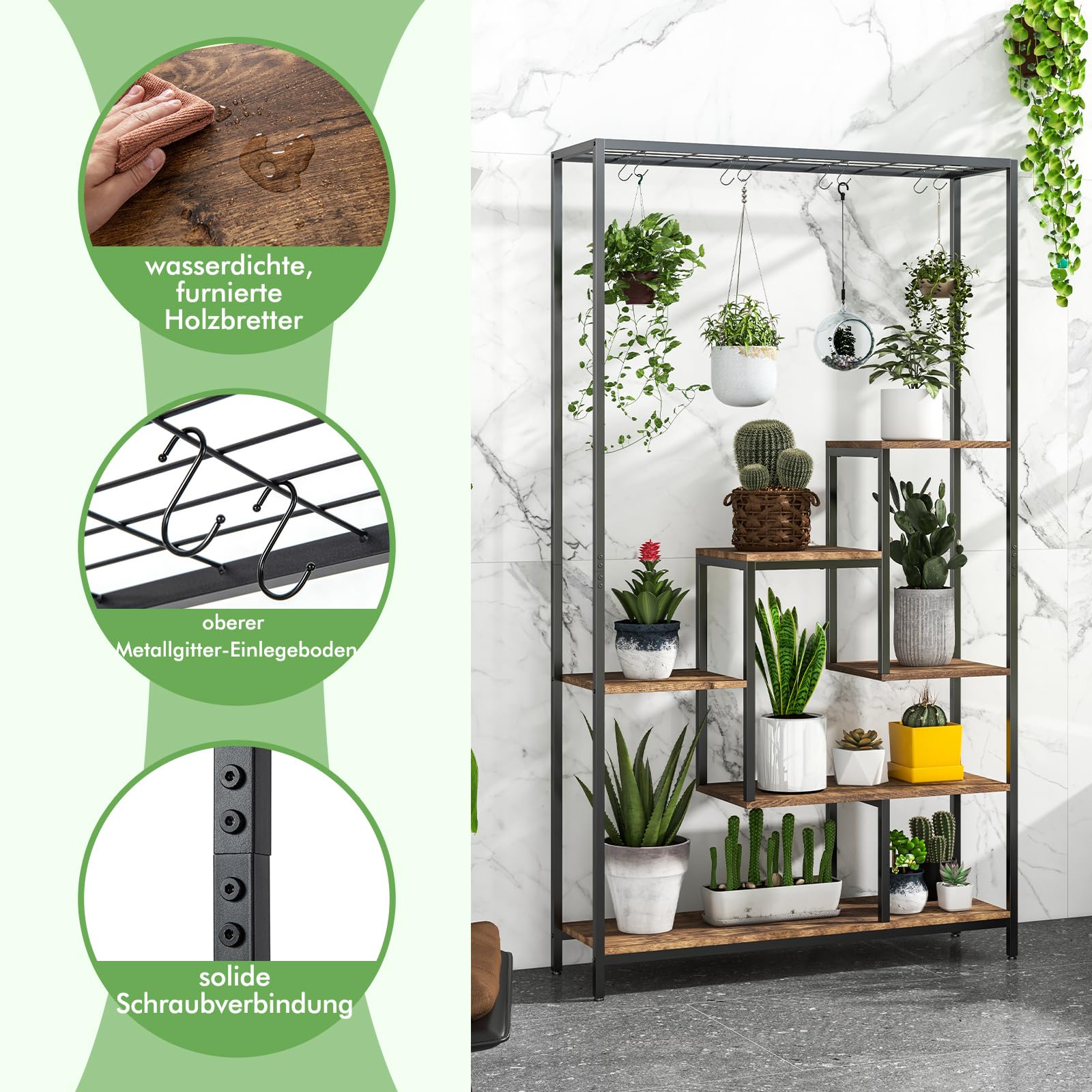 GOPLUS 6 Etagen Pflanzenständer, Pflanzenregal mit Hängeregal & 10 S-Haken, Blumenregal Blumenständer Blumentreppe für Wohnzimmer & Balkon, 100 x 30 x 180 cm (Rustikales Braun)