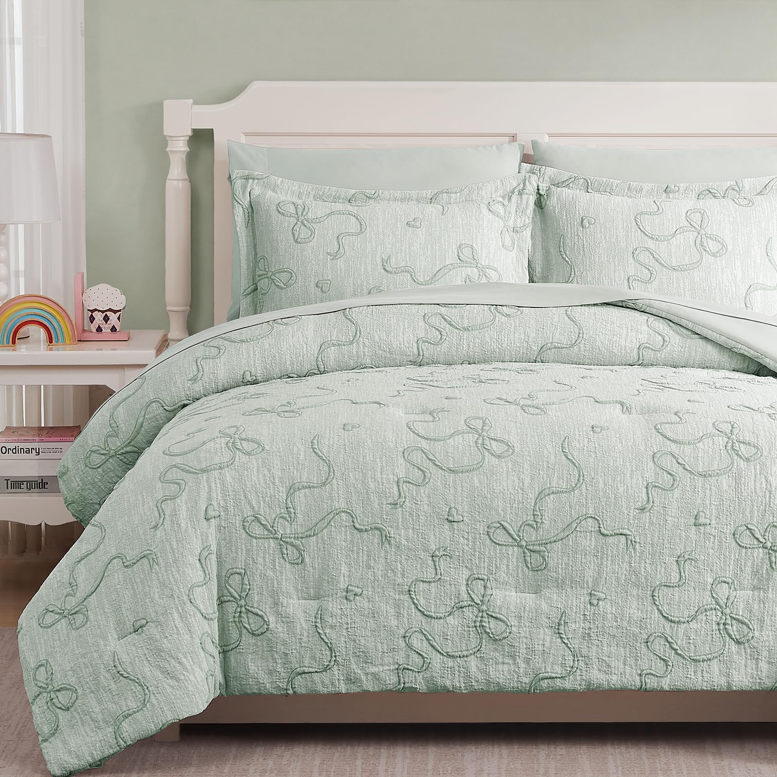 Queen Comforter Set - 7 Pieces Bow Jacquard Bed in a Bag Girls Bedding Set