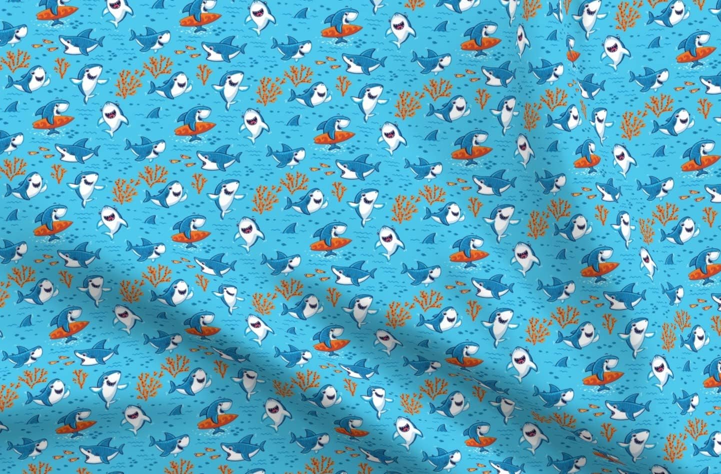 Spoonflower Fabric - Cute Sharks Ocean Nursery Summer Surf Sea Kids Blue Water Illustration Printed on Upholstery Velvet Fabric Fat Quarter - Upholstery Home Decor Bottomweight Apparel