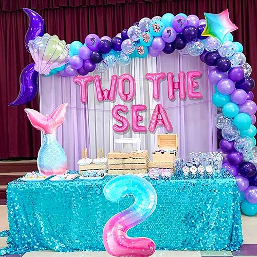 Miniatura 7 de LaVenty Dos suministros de fiesta de cumpleaños del mar, decoración para niñas, globos de mar, suministros de fiesta de segundo cumpleaños, fondo de