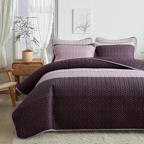 Miniatura 2 de Flysheep Juego de edredón bohemio a rayas tamaño individual, 2 piezas de edredón reversible morado y gris, colcha de microfibra cepillada para todas