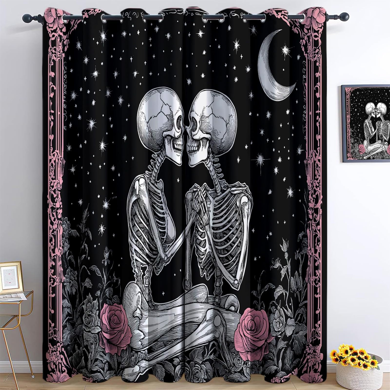 Rideaux Isolants 110L X 215H cm (2 Panneaux), Design Crâne Gothique Rose Tenture Opaque Anti-Chaleur pour Chambre Principale, Noir