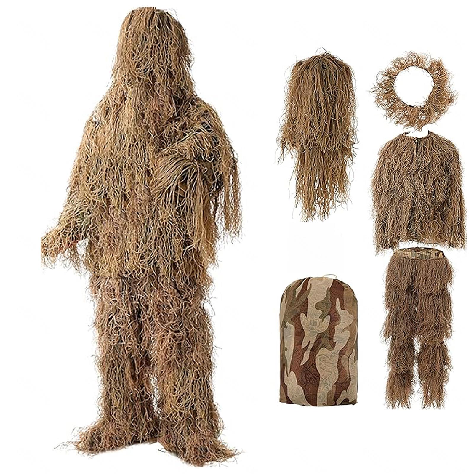 5-Teilige 3D Ghillie Suit Camouflage Jagdbekleidung Tarnanzug Herren Einschließlich Jacke,Hose,Kapuze,Tragetasche Tarnanzug für Militär,Airsoft Sniper,DryGrass-Adults