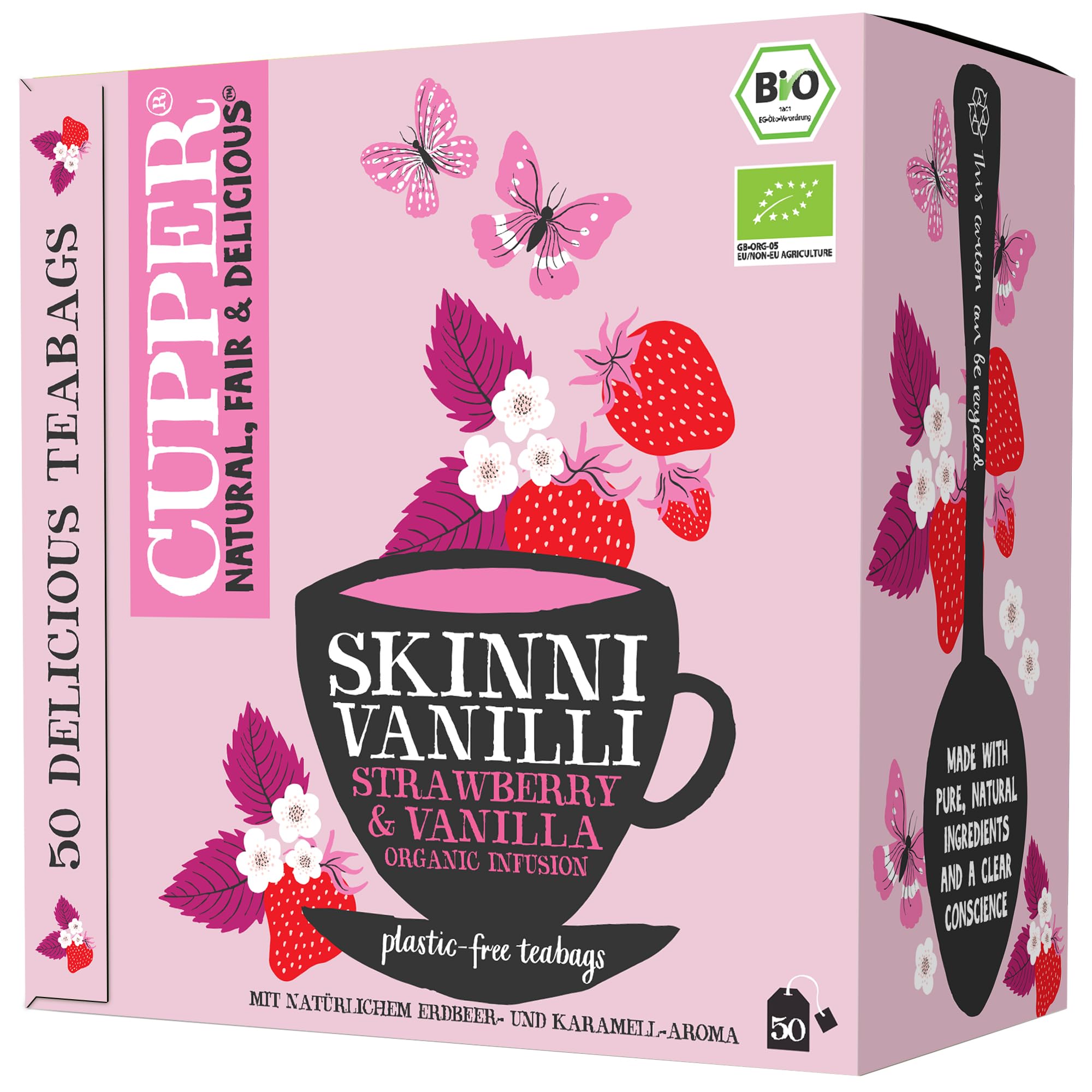 Cupper Bio Tee Vorratspackung Skinni Vanilli, Früchtetee, 50 ungebleichte Teebeutel, Big Pack, Perfekt fürs Büro, fair gehandelt, plastikfreie Teebeutel