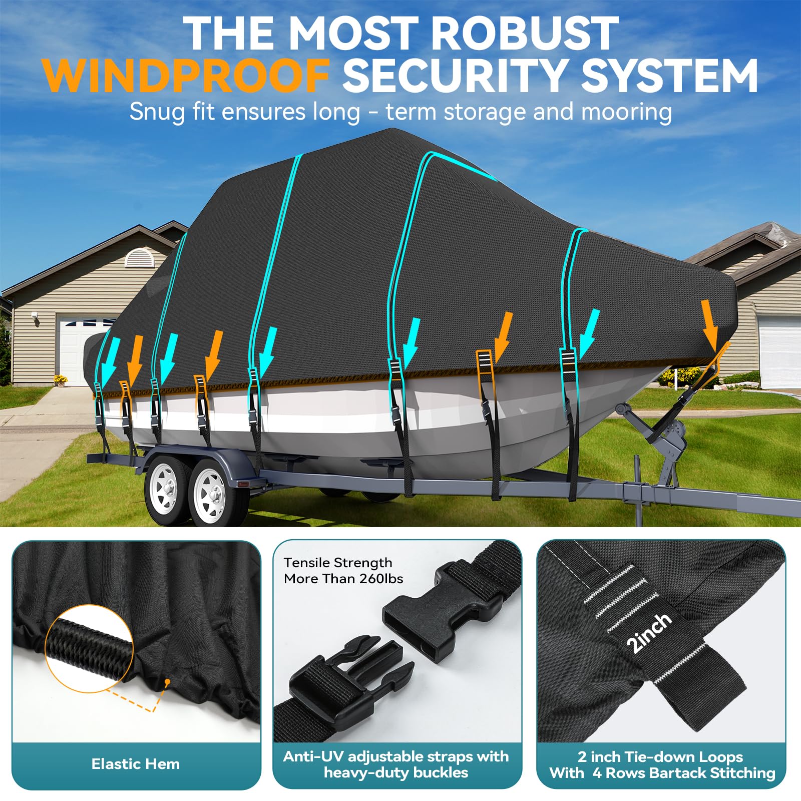 Trailerable T-Top Boat Cover Ture 1200D Solution Dyed Hard Top/T Top Boat Cover With 21 Windproof Straps, Motor Cover Fit 23'-25' Long Beam Width Up - View #3