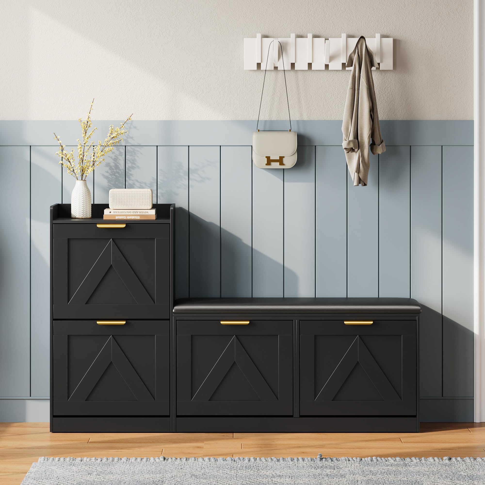 Garvee Shoe Storage Cabinet with Bench, 4 Flip-Drawer Entryway Shoe Organizer with Adjustable Left/Right Cushioned Seat & Removable Shelves, Narrow