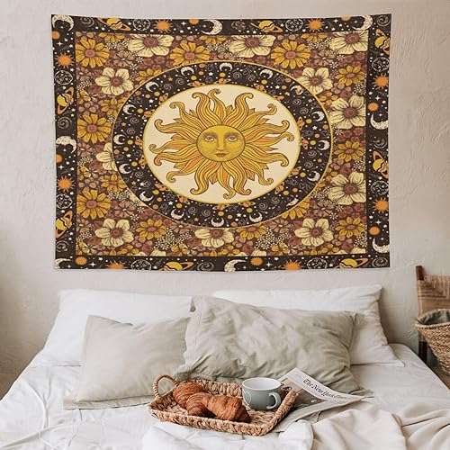 Miniatura 6 de Tapiz vintage con diseño de sol y luna, bohemio, para colgar en la pared con girasoles, mariposa, polilla, constelación, estético, tapices para