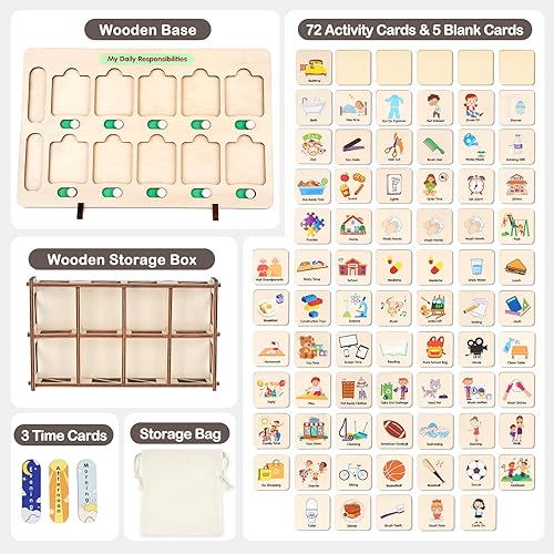 Miniatura 4 de Dreamon Calendario visual de madera para niños, tabla de rutina para dormir por la mañana para niños pequeños, materiales de aprendizaje para