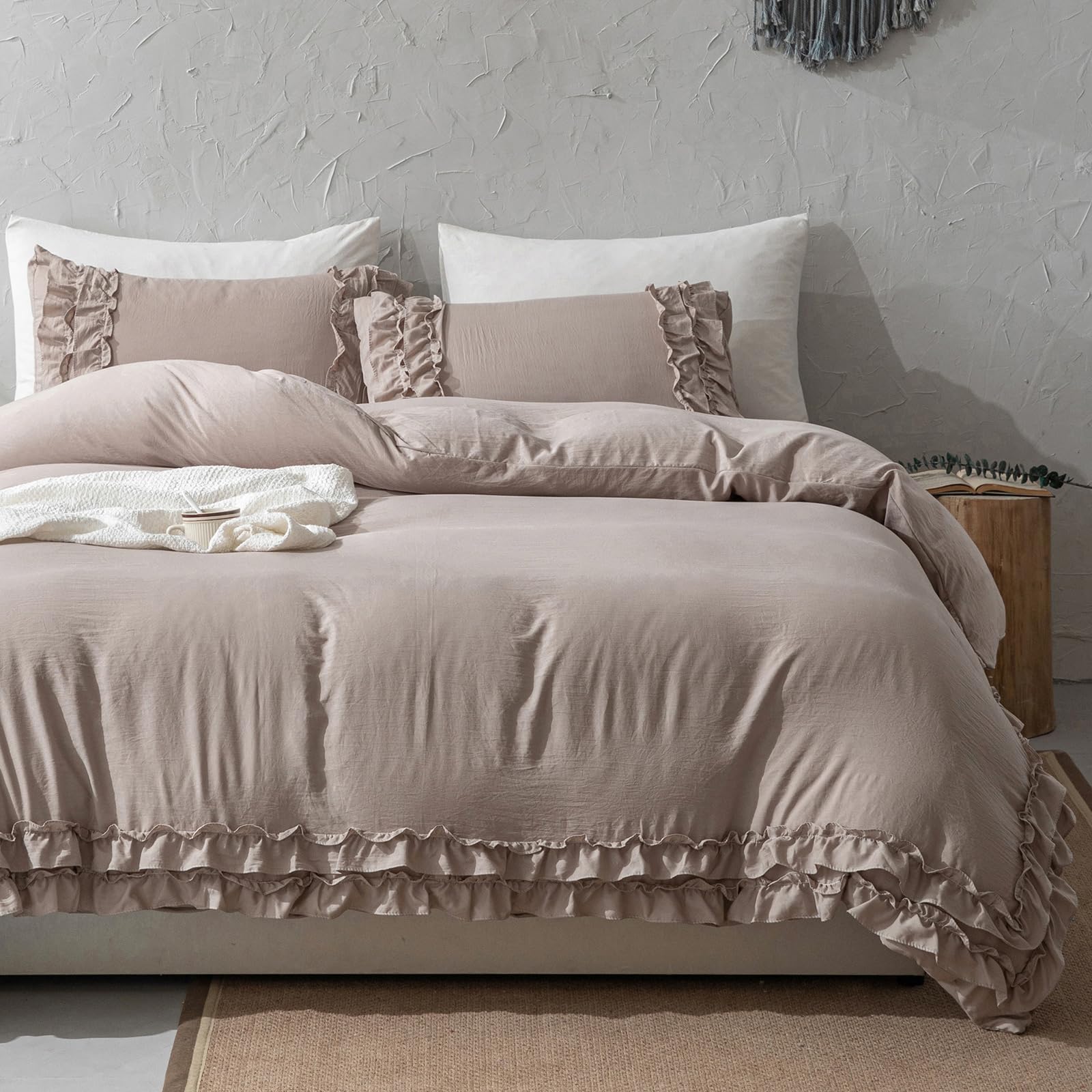 HersideTaupe Ruffle Duvet Cover Set King Boho Bedding Tan Grey 2 Layers Ruffle Design Microfibre Shabby Chic Bedding Sets 1 Duvet Cover 2 Pillowcases (Taupe, King)