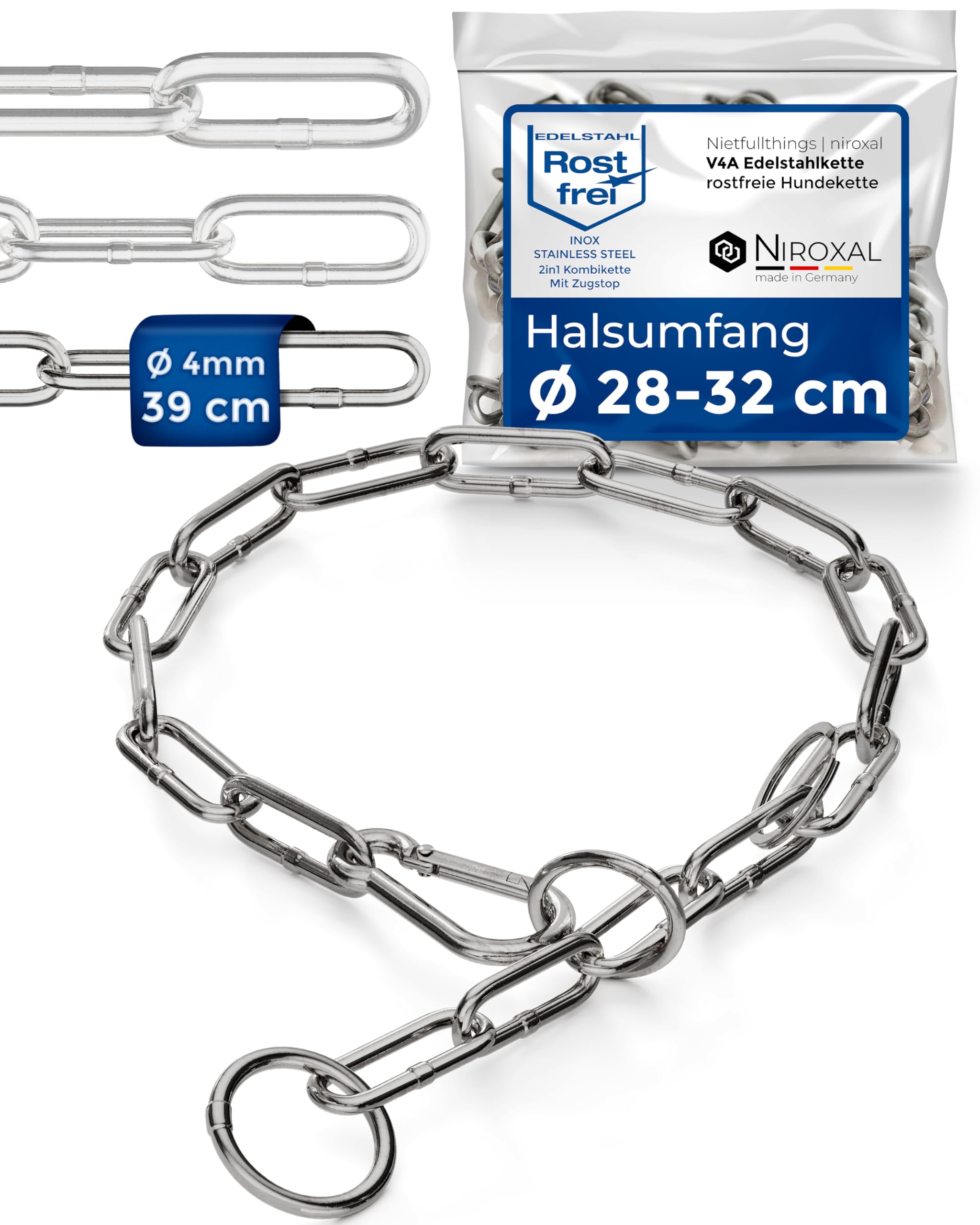 Collier chaîne pour Chien en Acier Inoxydable – Collier combiné avec Mousqueton, Anti-Traction, maillons Longs, 4 mm, 39 cm