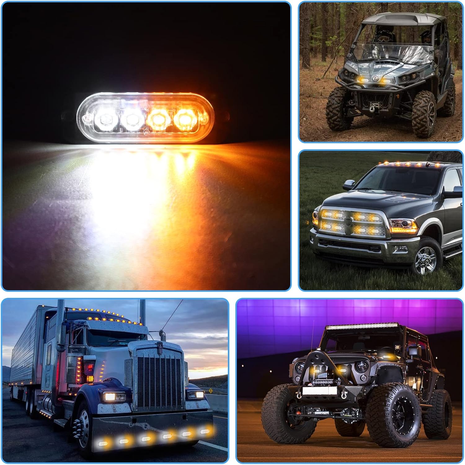 RIGIDON 2 Pack LED Emergency Strobe 4 LED Amber White Surface Mount Flashing Strobe Lights for Trucks Car Grille Off-Road Warning Emergency Flashing Lights