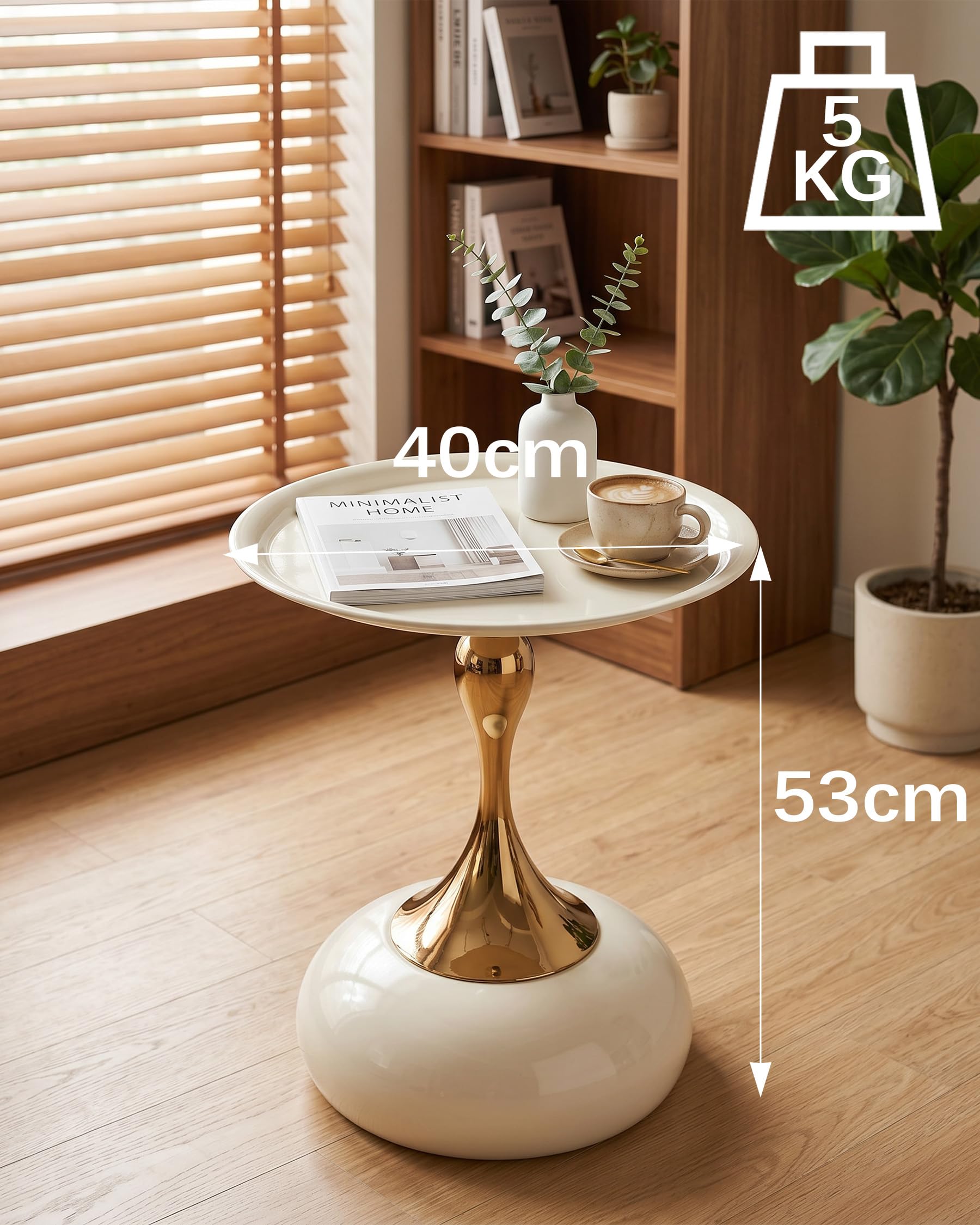 Mesa Auxiliar Sofa Beige y Dorada para Salón, Mesita de Centro de Diseño en Metal, Set de 2 Mesita Auxiliar Pequeños para Sofá o Dormitorio, Side Table de Jardín Exterior, 40x53cm
