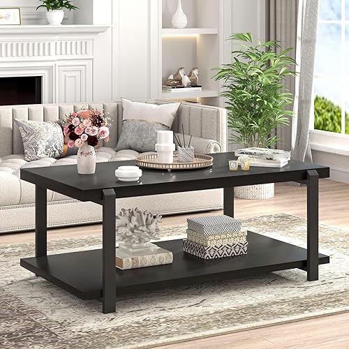 Miniatura 3 de FOLUBAN Mesa de centro negra, moderna mesa central de madera rústica con almacenamiento para sala de estar, mesa de té de cóctel rectangular