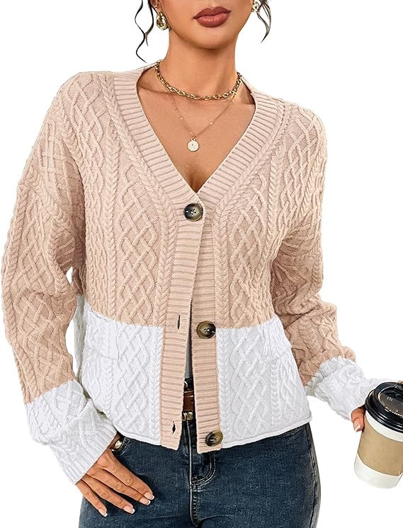 BB&KK Cropped Cardigan for Women Fall Color Block Button Up 2025 Long Sleeve Chunky Knit Open Front Sweater Outfits