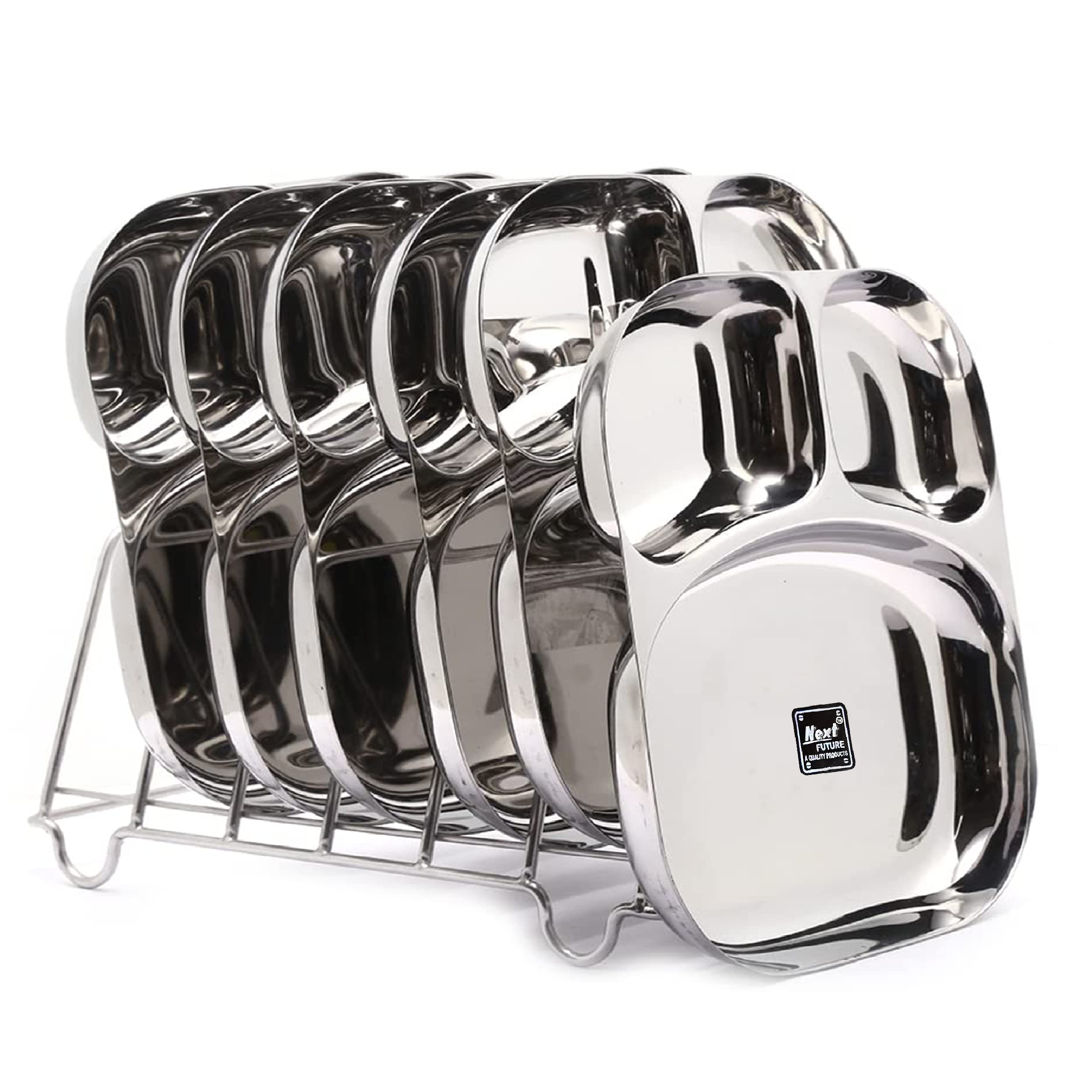 Next Future, Set of 6, 20 Gauge Heavy Duty, Mirror Polish, 3 in 1 Partition Plate Stainless Steel Kitchen and Dining Deep Compartment Divided Dynasty Plate/Thali/Bhojan Patra (Large, 6) (B0C2QBP8D7) Amazon Price History, Amazon Price Tracker