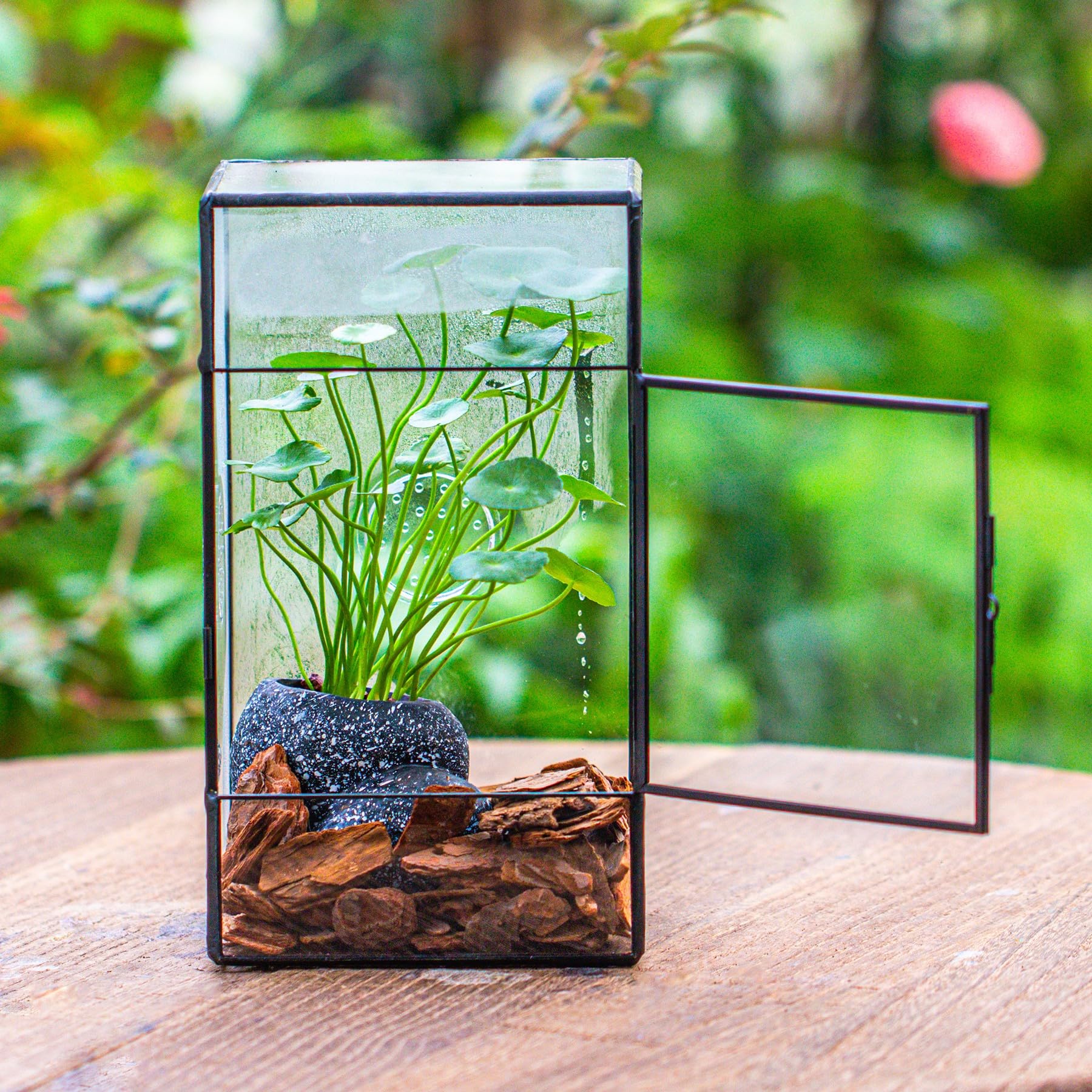 NCYP Terrario rettangolare in vetro con porta laterale e tre fori di ventilazione fatto a mano,13x10x23 cm, nero geometrico terraio per piccoli insetti, decorazione per casa e giardino (solo terrario)