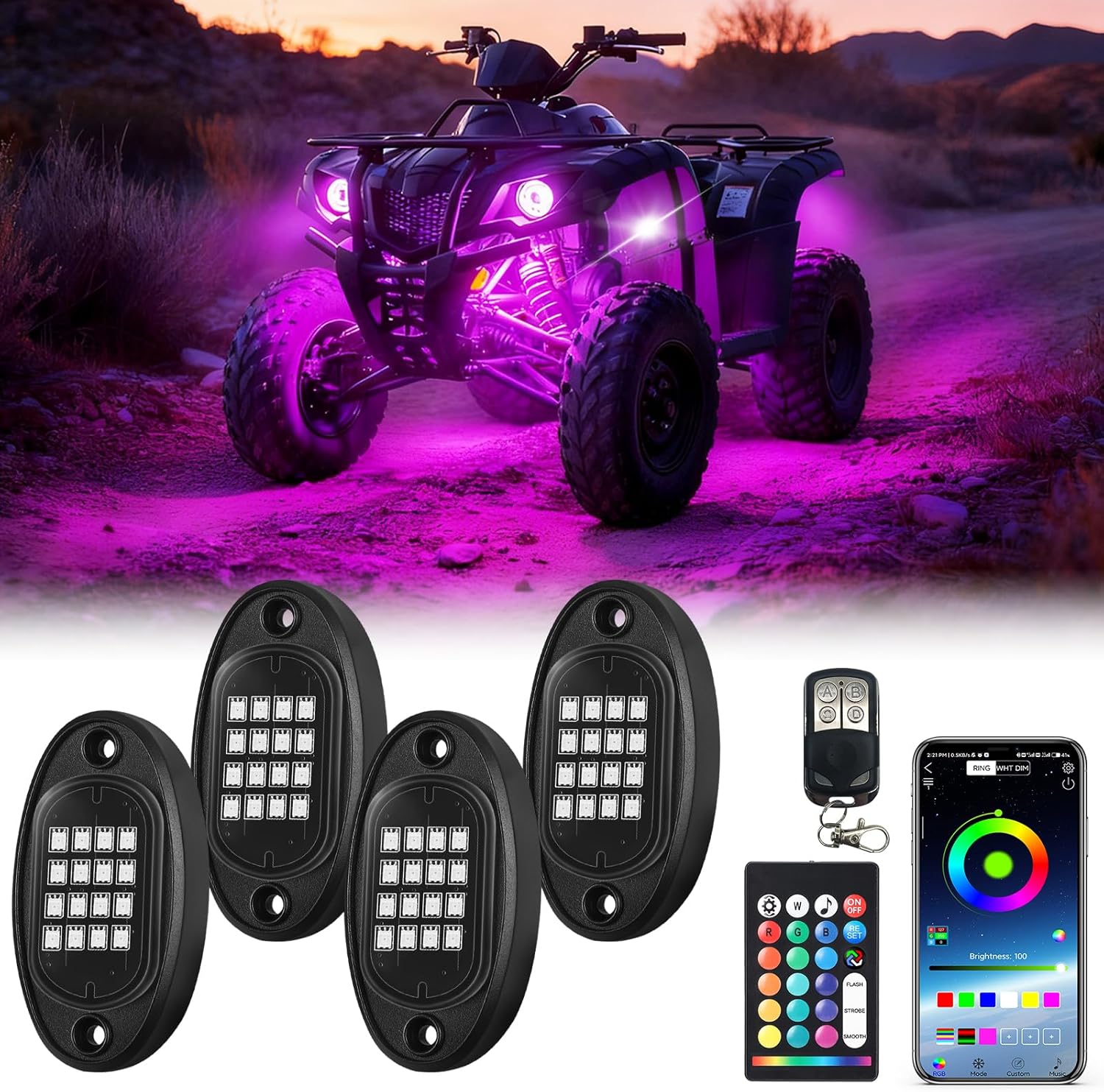4Piece Segmented RGB LED Rock Lights Kit with APP/RF Remote, Multicolor Neon Underglow Light Vehicle Exterior Light Multi Zone 12v Waterproof Underbody for UTV ATV SXS Golf Cart RZR Offroad Truck Jeep