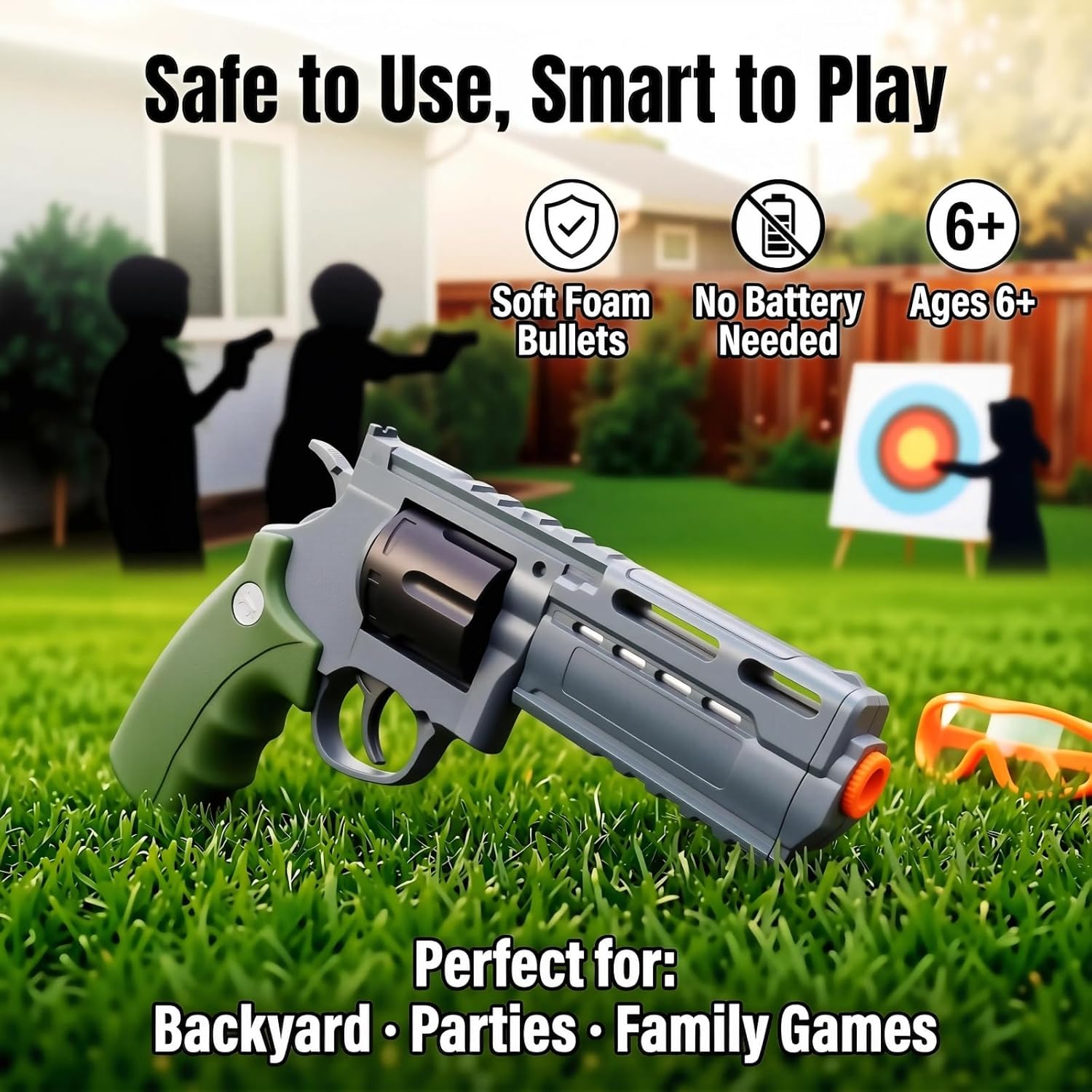 Green Revolver Toy Gun for Kids 8+ - Outdoor Foam Bullet Blaster with 18 Shells & 100 Bullets, 32 Feet Range, Steel Ejector Rod & Auto-Rotating Cylinder for Backyard Battles