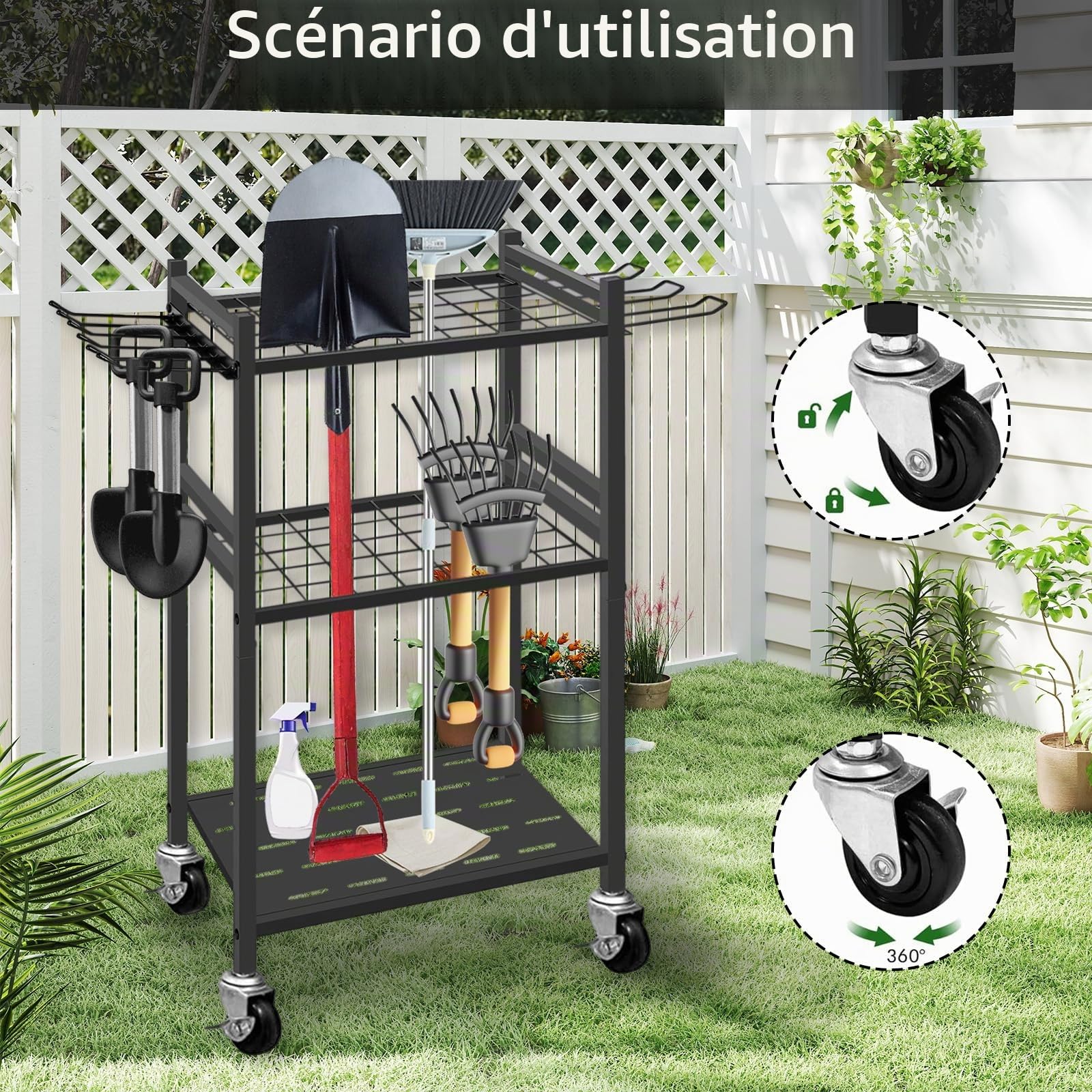Range Outils de Jardin, Chariot de Jardin en Acier au Carbone avec Roue Universelle Support Range Outils de Jardin avec 6 Crochets Latéraux Longs et 3 Crochets de Rangement pour Garages et Jardins