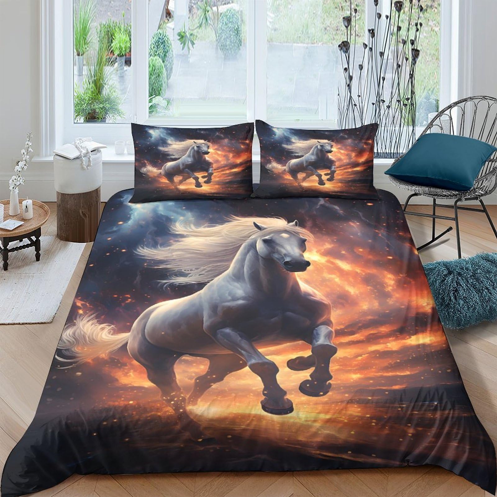 Ctjqhvkz Style-6 3D Printed White Horse Fitted Sheet Microfiber Soft Breathable Sunset Cloud Mattress Cover For Bedroom Guest Room Decor Single（135X200cm）