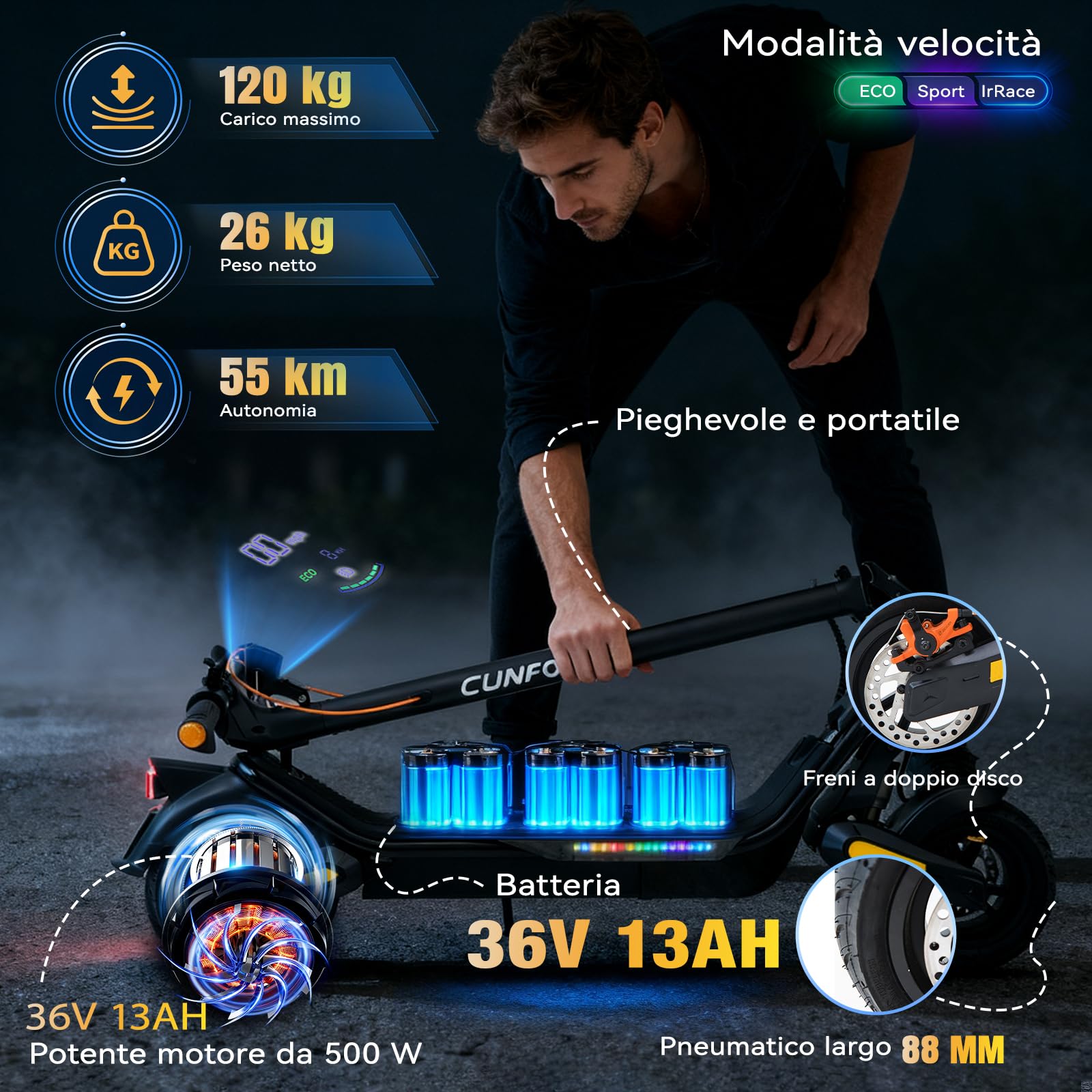 Trotinette Electrique Adulte RS500, Autonomie 55KM Batterie 36V 18Ah Moteur 1000W,Déverrouillage par Empreinte Digitale, Haut-Parleurs HD, Pneu Larges de 88 mm, Bandes Lumineuses colorées-Noir