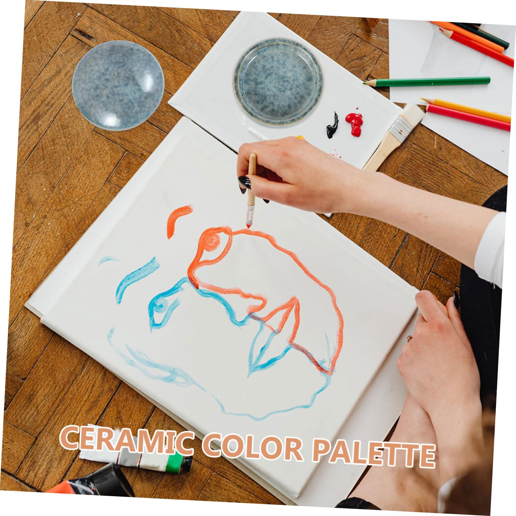 Keramik Farbmischpalette Blau mit Deckel, Stapelbar für Aquarell