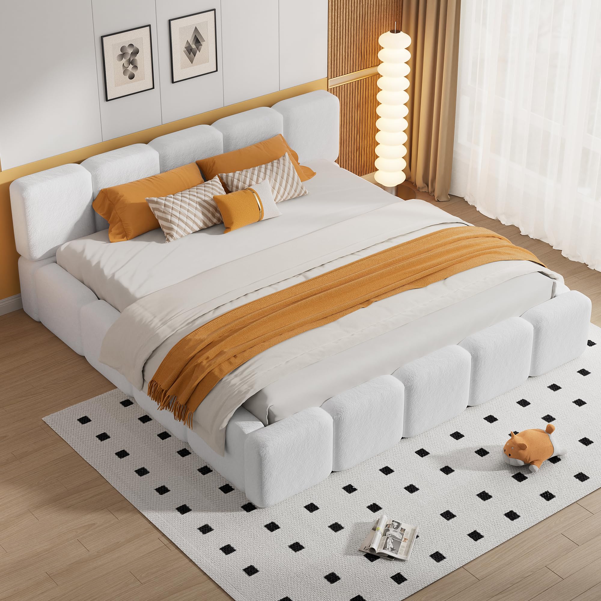 Photo 1 of ***PARTIAL SET*** PVWIIK Cloud Boucle King Size Upholstered Platform Bed Frame with Headboard & Modern Style for Bedroom,Guest Room,Near Ground Design Bedstead with Wood Slats Support, Easy Assembly, Beige
