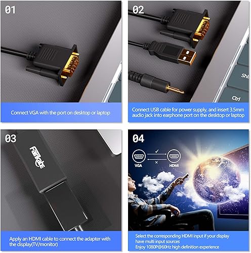 Miniatura 8 de fairikabe Adaptador VGA a HDMI con audio, (fuente de salida VGA de PC a TV/monitor con pantalla de entrada HDMI), Convertidor VGA macho a HDMI