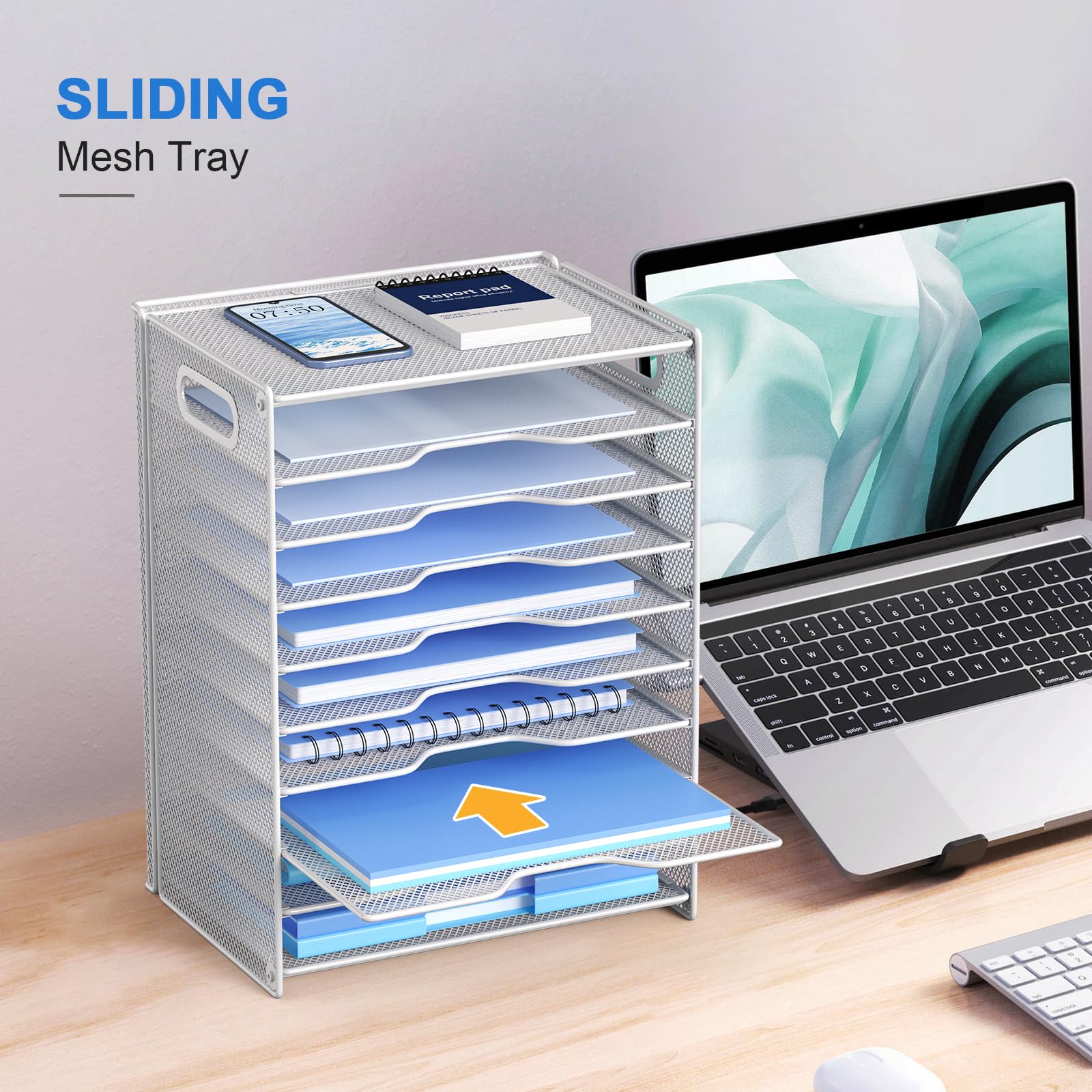 OUTWOLF Papier-Organizer mit 10 Ebenen, Briefablage, Netzstoff, Schreibtisch-Organizer mit Griffen, für Büro, Schule, Schreibtisch, Weiß